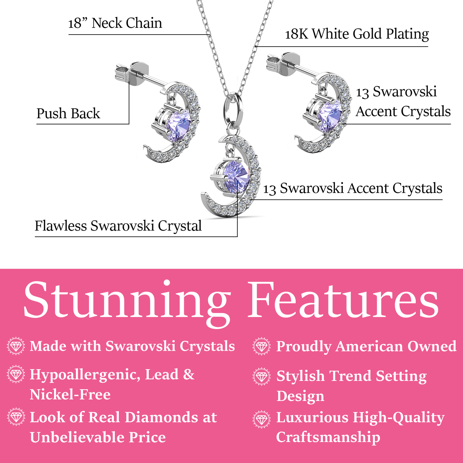 Luna Birthstone 18k White Gold Plated Silver Crescent Earrings and Necklace Set with Swarovski Crystals