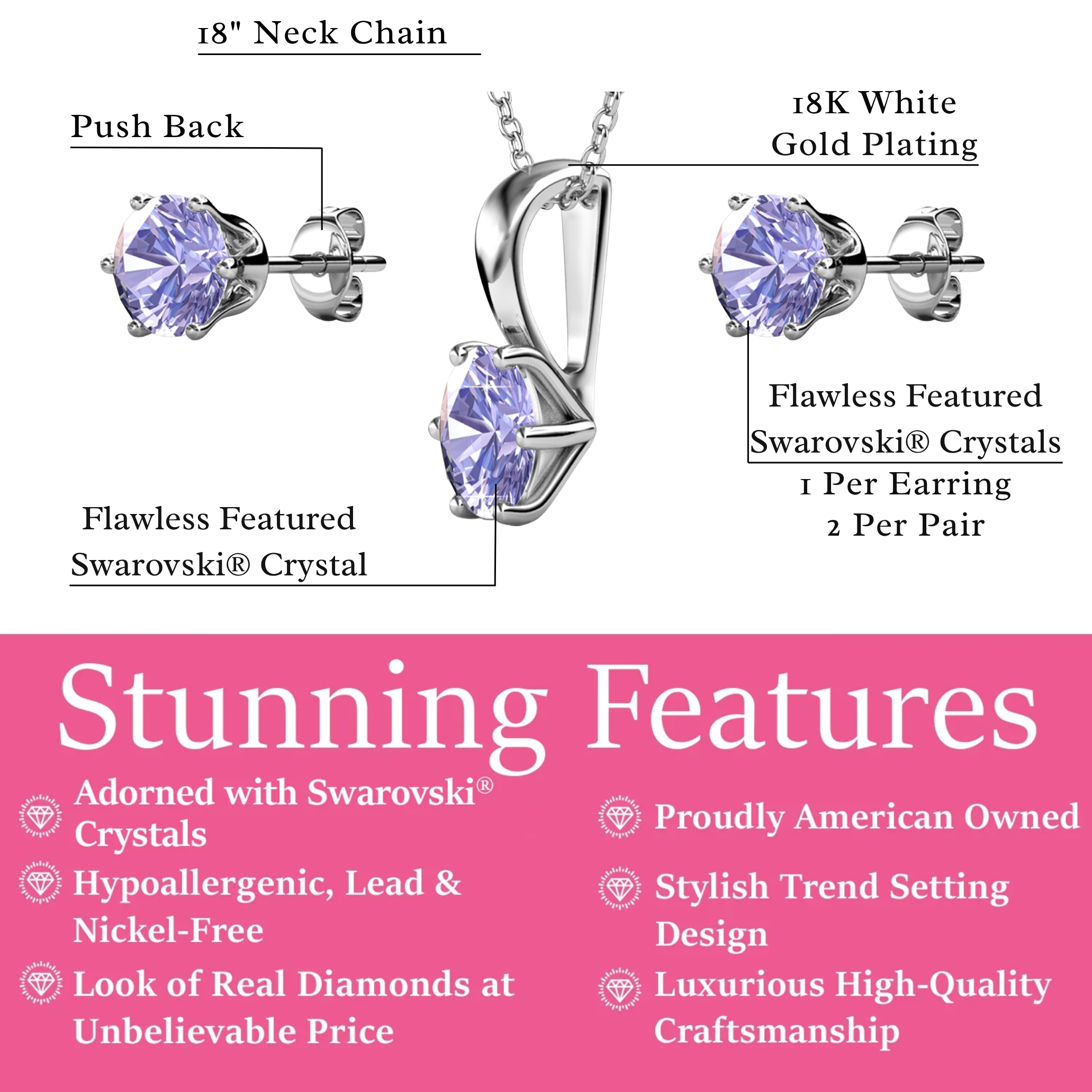 Birthstone 18k White Gold Plated Stud Earrings and Necklace Set with 1ct Swarovski Crystals