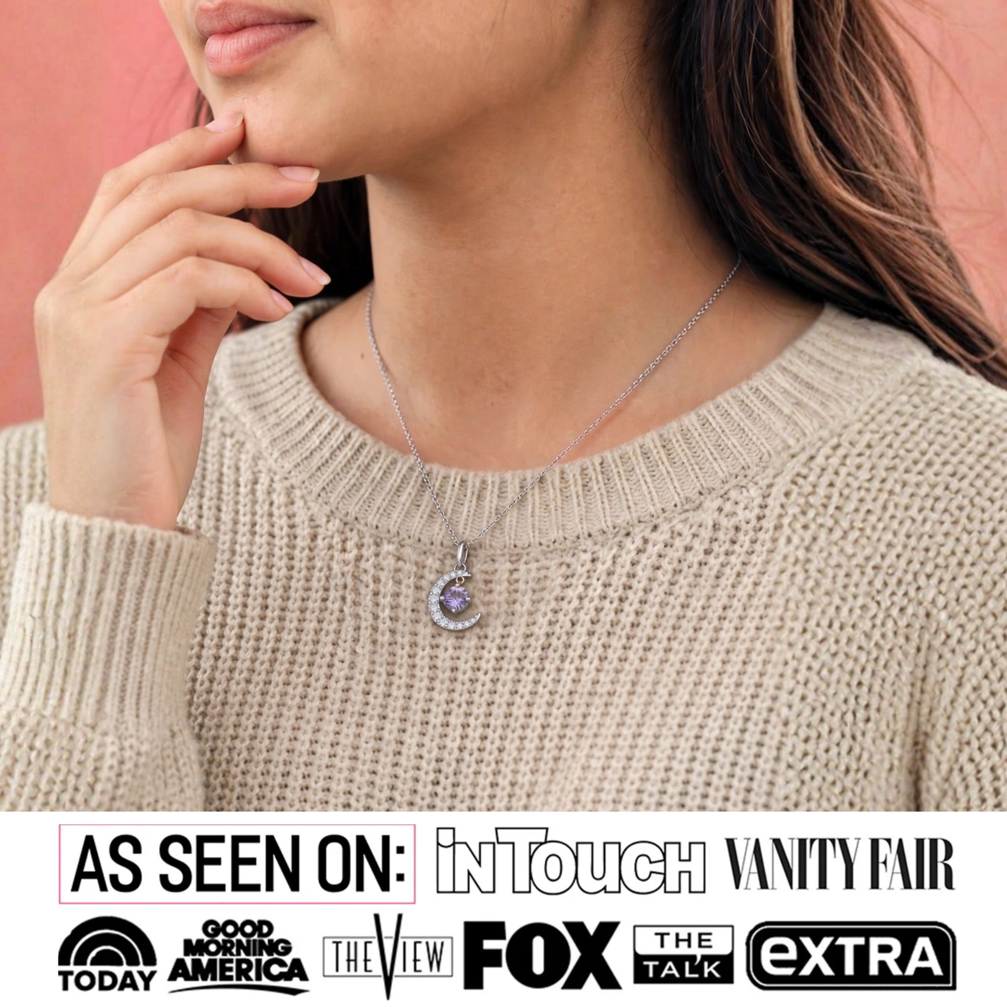 Luna Birthstone Necklace 18k White Gold Plated Crescent Pendant Necklace with Round Cut Swarovski Crystals