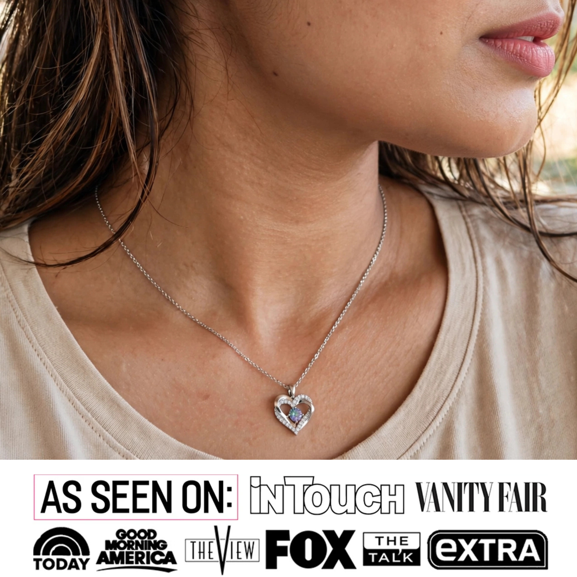 Forever Collar de doble corazón con piedra natal chapado en oro blanco de 18 k y cristales