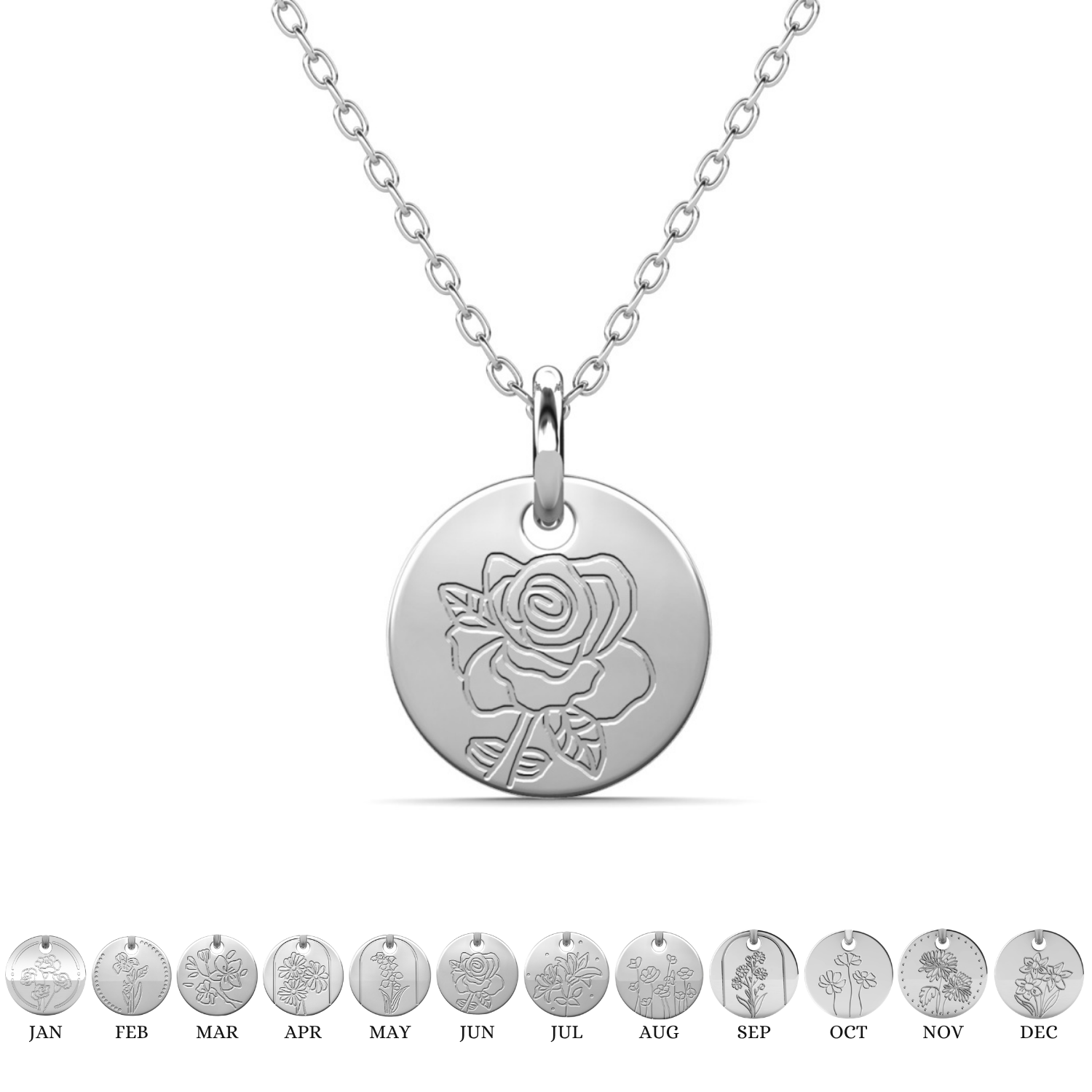 Floral 18k White Gold Plated Engraved Birth Month Flower Pendant Necklace