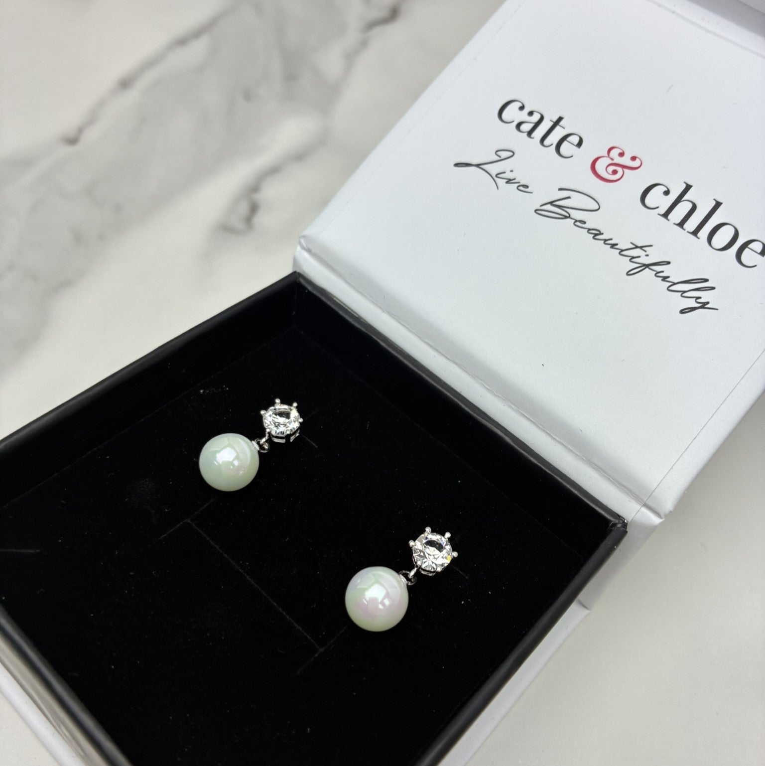 June 18k White Gold Plated Pearl Drop Earrings with Swarovski Crystals