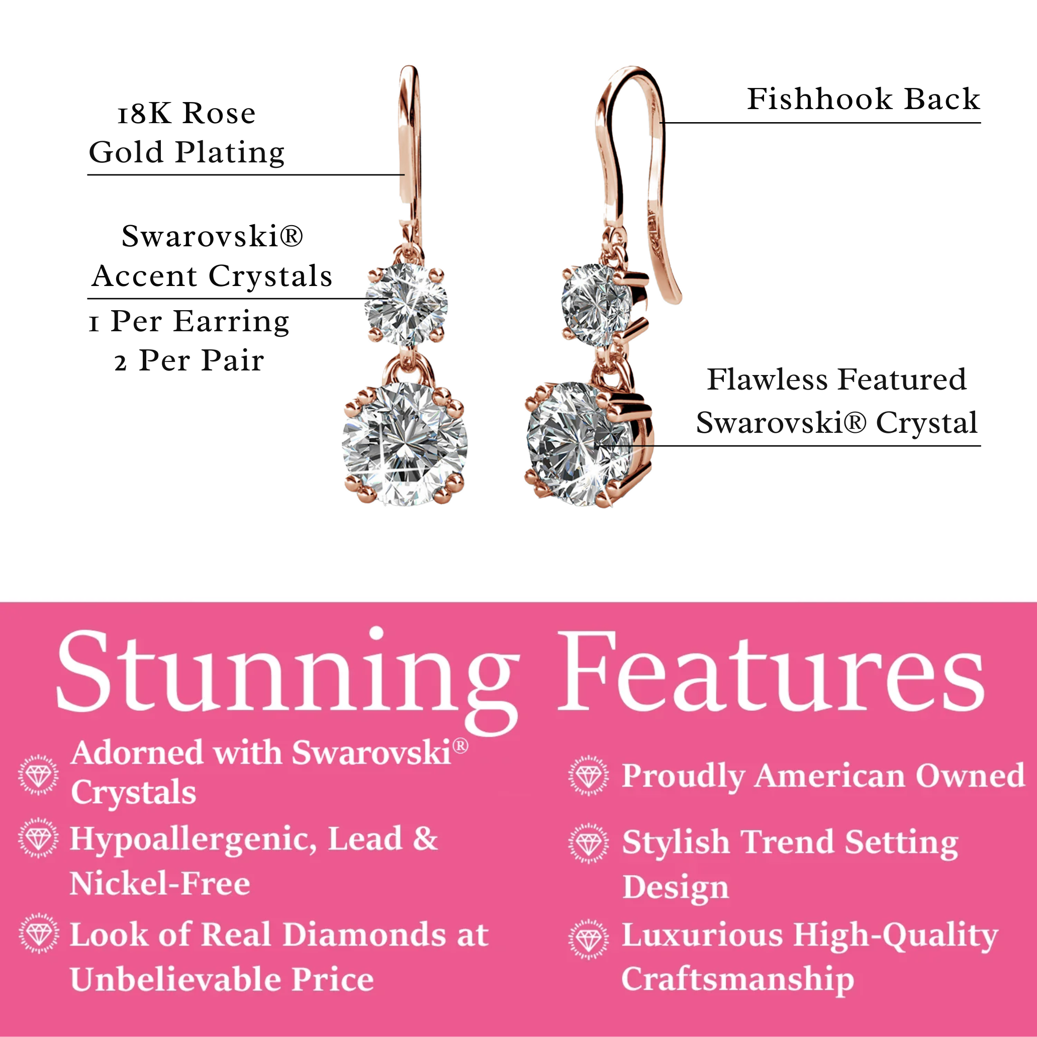 Kadence 18k White Gold Plated Drop Dangle Earrings with Swarovski Crystals