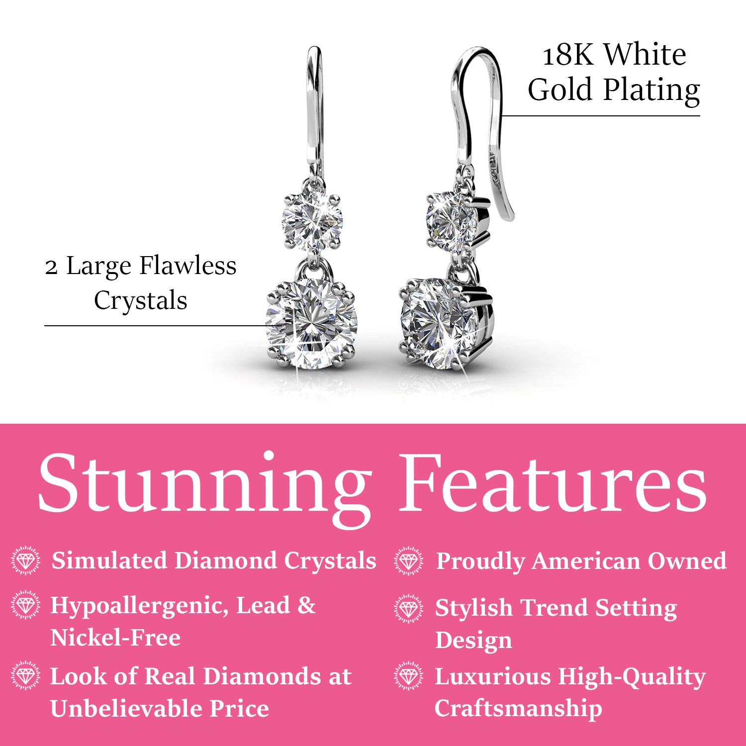 Kadence 18k White Gold Plated Crystal Drop Dangle Earrings