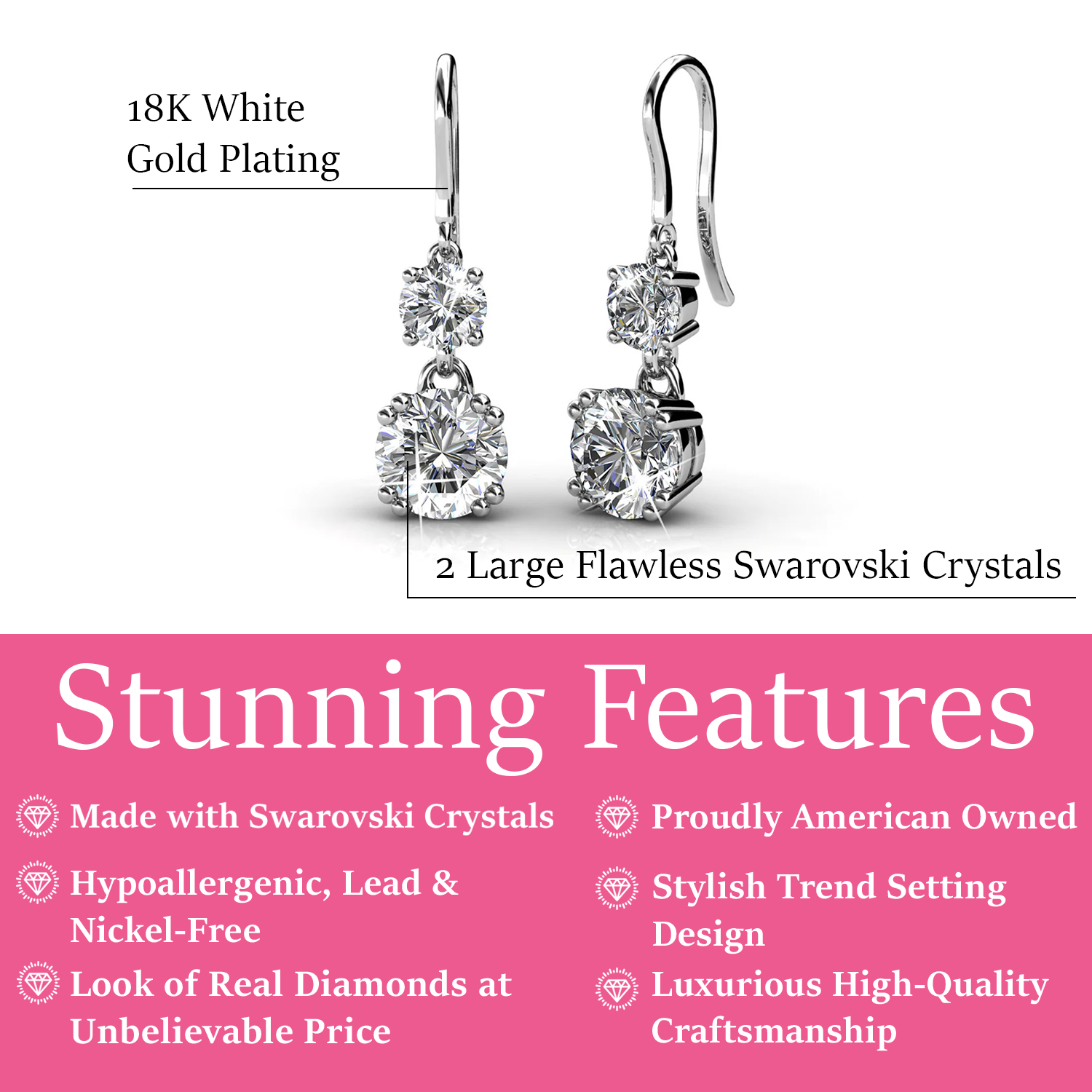 Kadence 18k White Gold Plated Drop Dangle Earrings with Swarovski Crystals