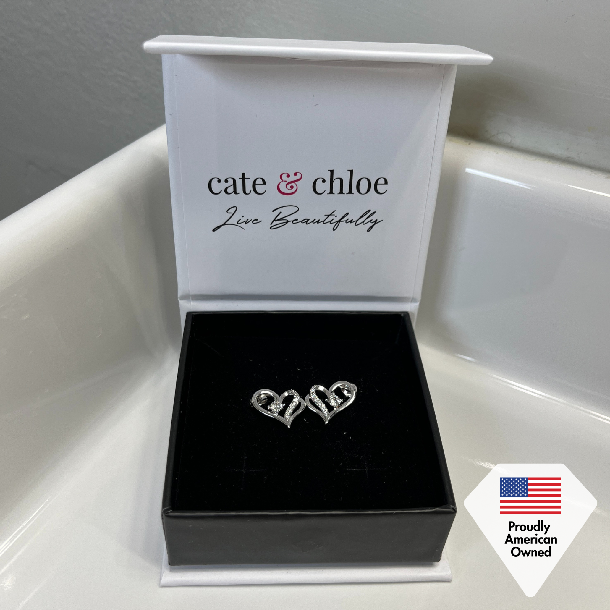 Kara 18k White Gold Plated Silver Heart Stud Earrings with Swarovski Crystals