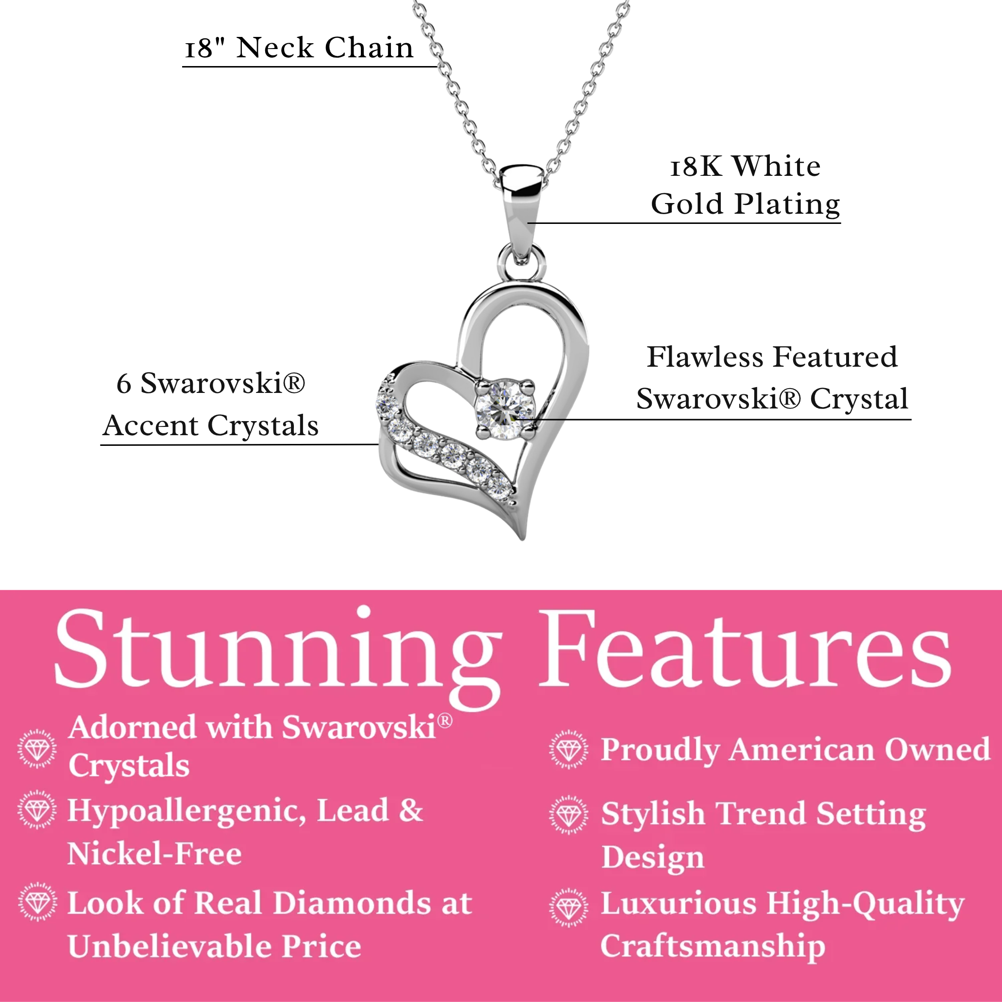 Kara 18k White Gold Plated Silver Heart Necklace with Swarovski Crystals