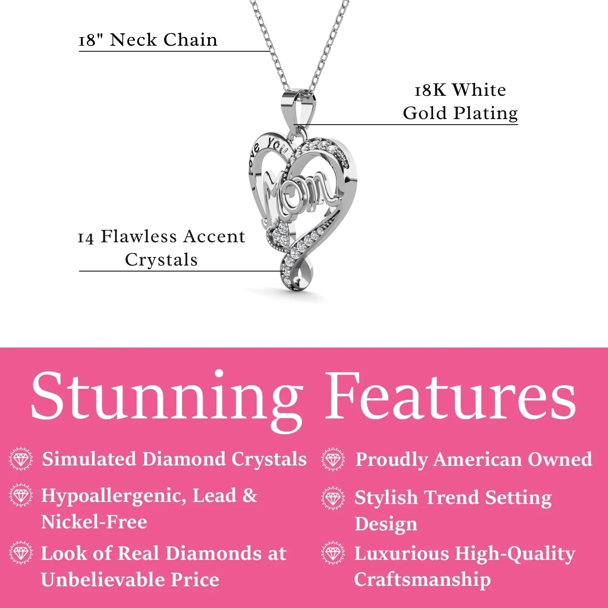 Karina 18k White Gold Plated Mom Heart Pendant Necklace with Simulated Diamond Crystals