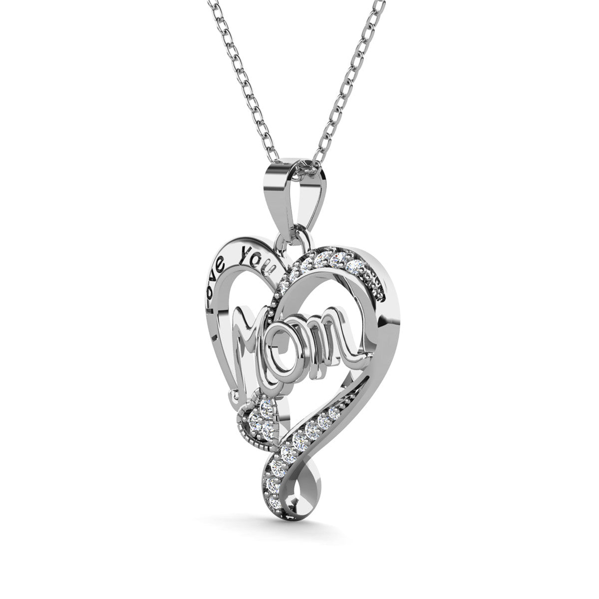 Karina 18k White Gold Plated Mom Heart Pendant Necklace with Simulated Diamond Crystals