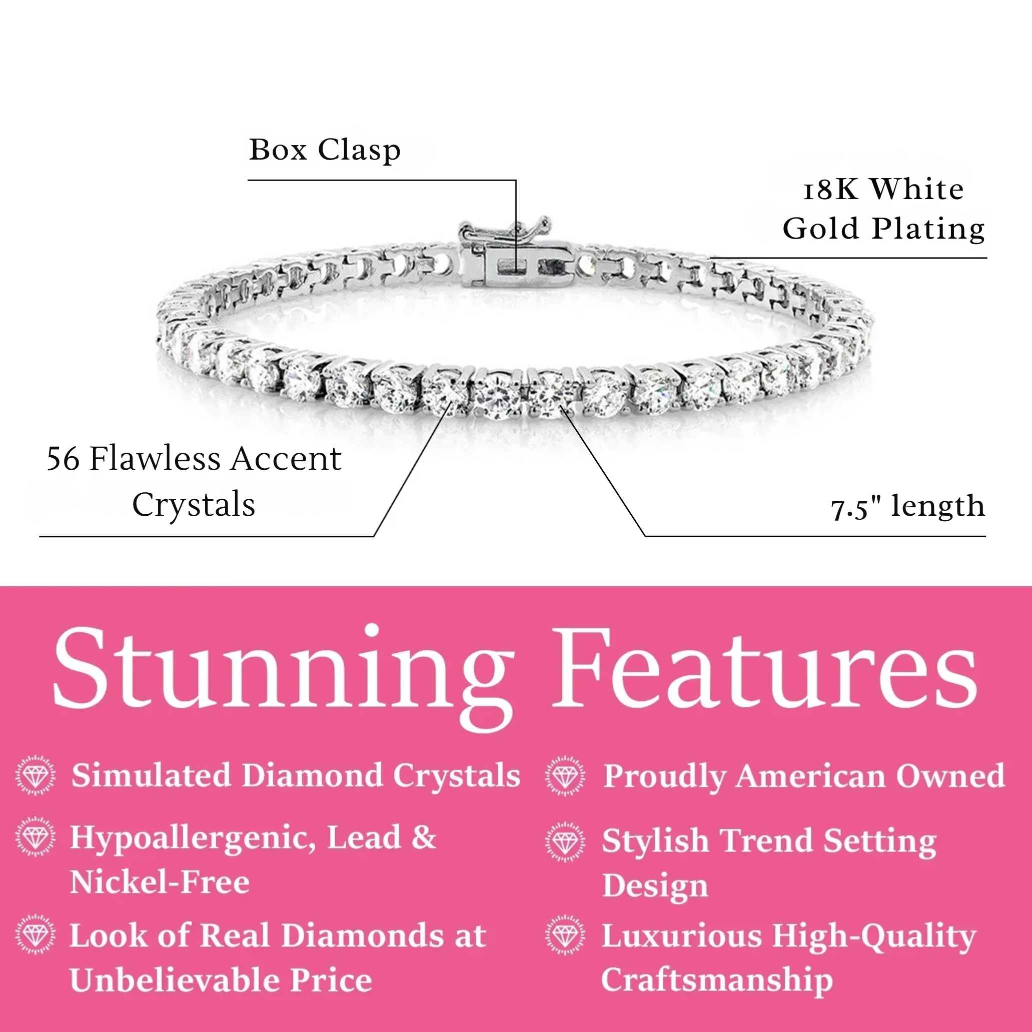 Kaylee 18k White Gold Plated Tennis Bracelet with Simulated Diamond Crystals