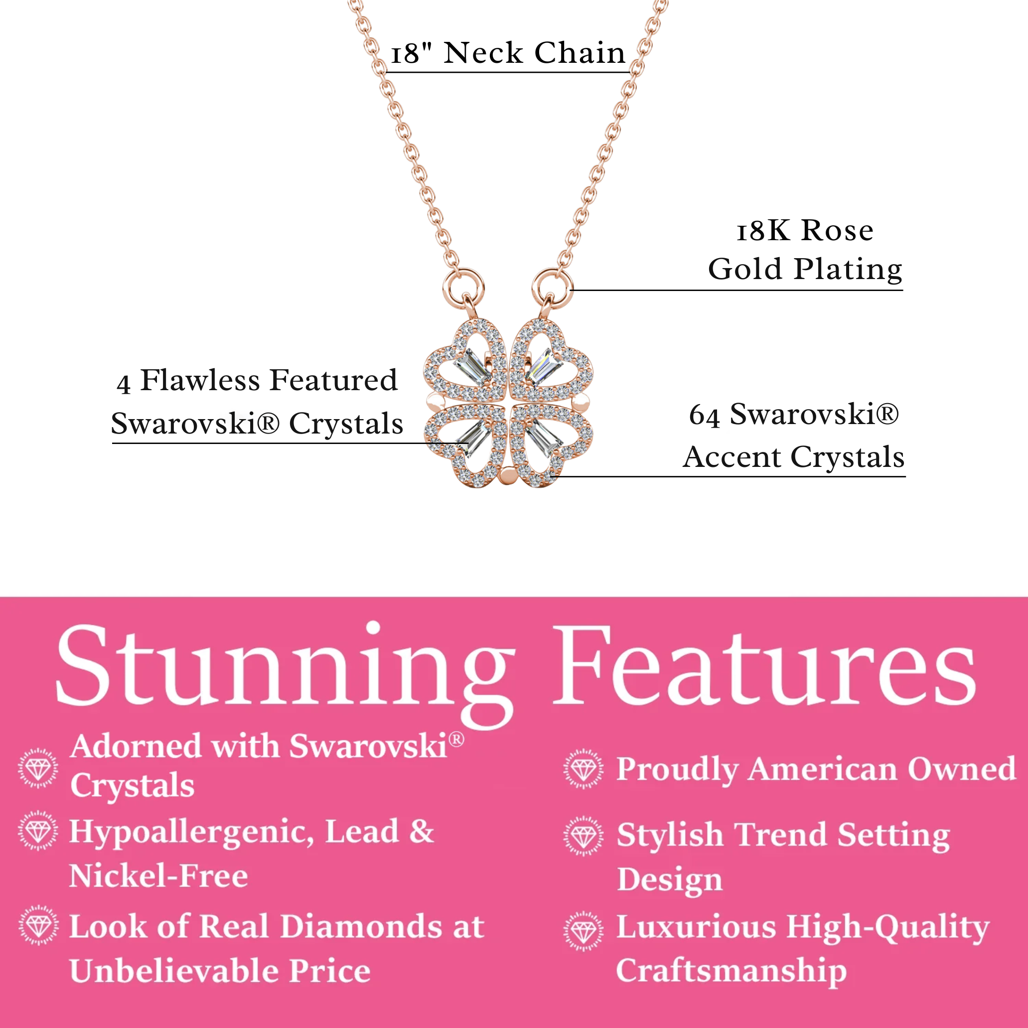 Posie 18k White Gold Plated 2-in-1 Heart/Clover Pendant Necklace with Swarovski Crystals