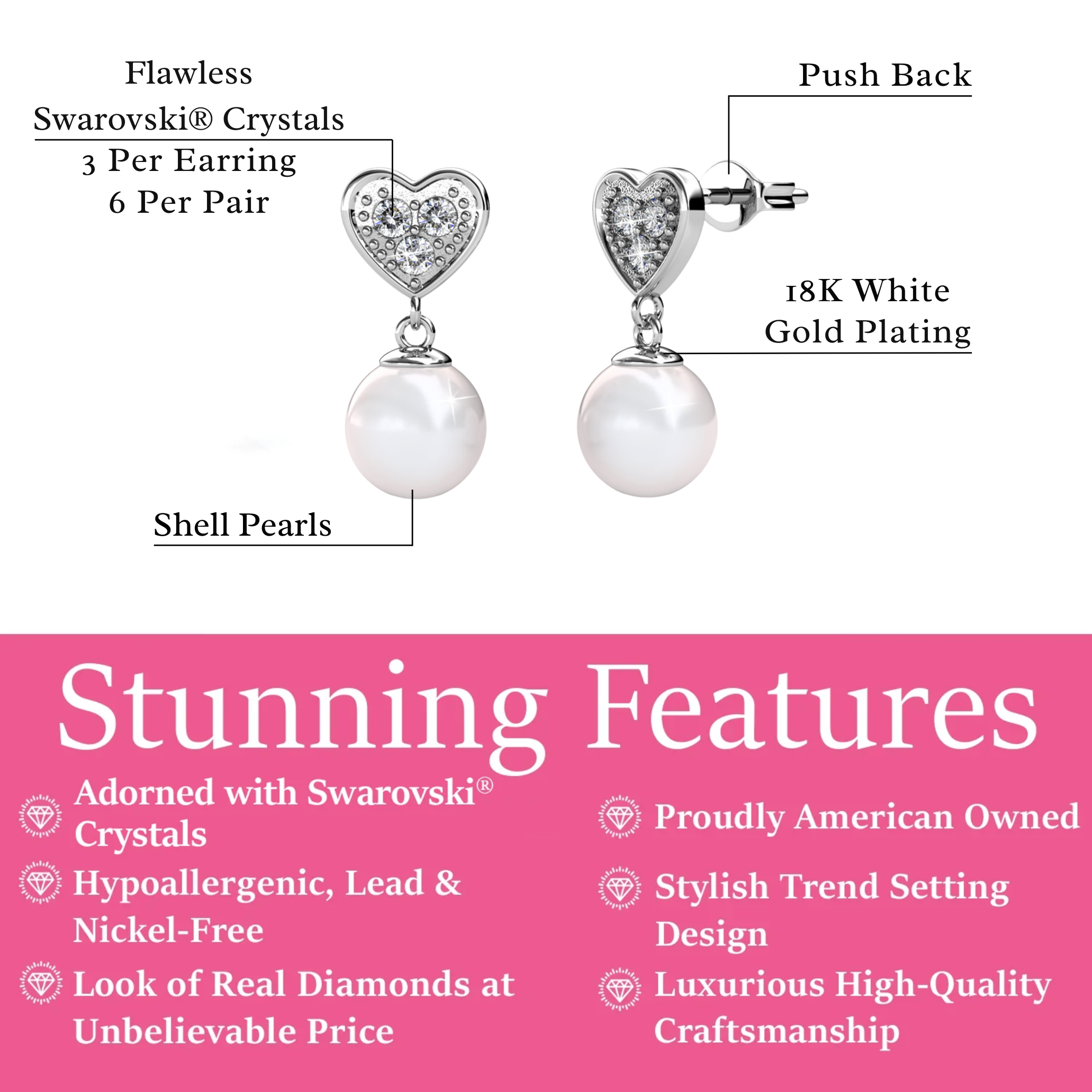 Kenley 18k White Gold Plated Heart Dangle Earrings with Pearls and Swarovski Crystals