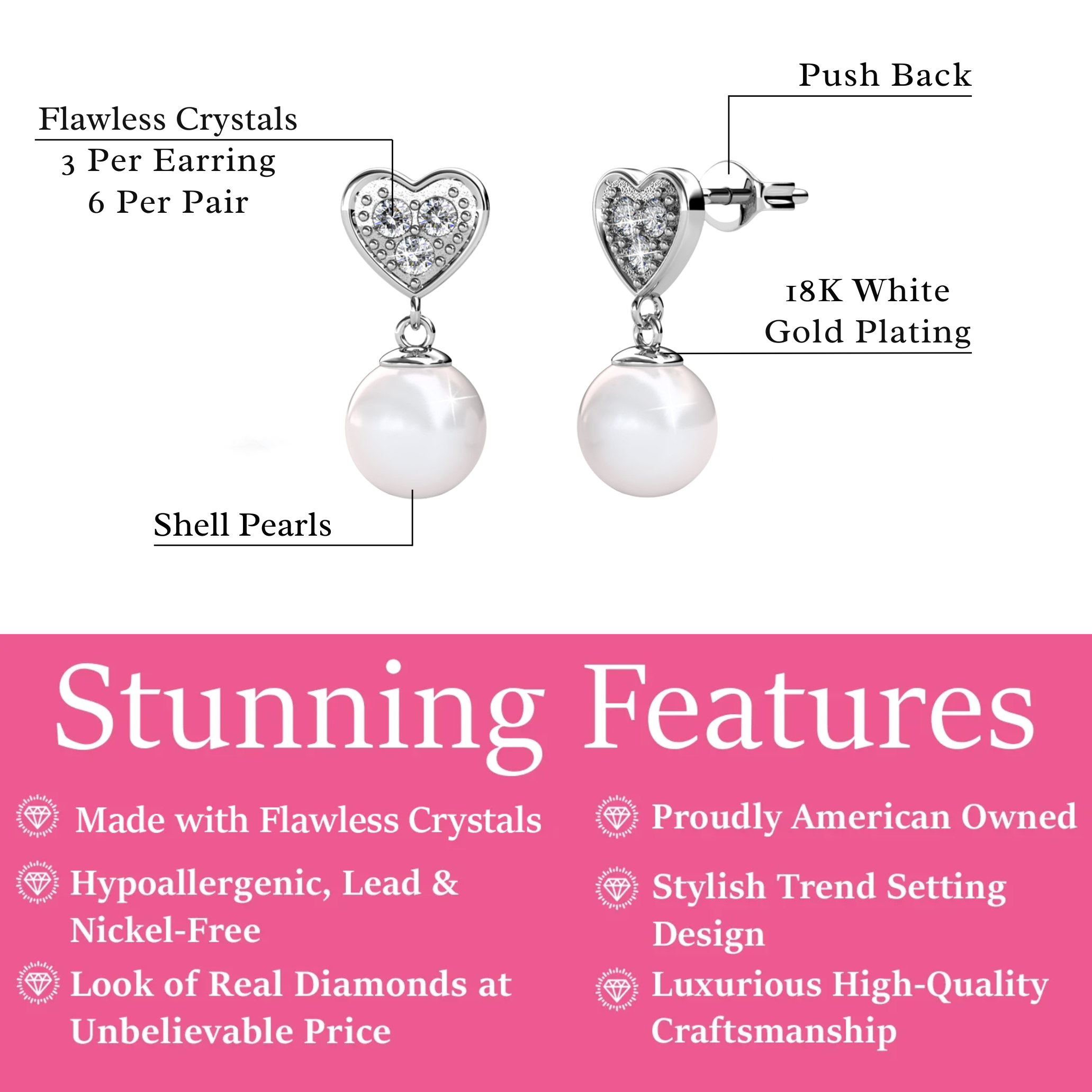 Kenley 18k White Gold Plated Heart Dangle Earrings with Pearls and Swarovski Crystals