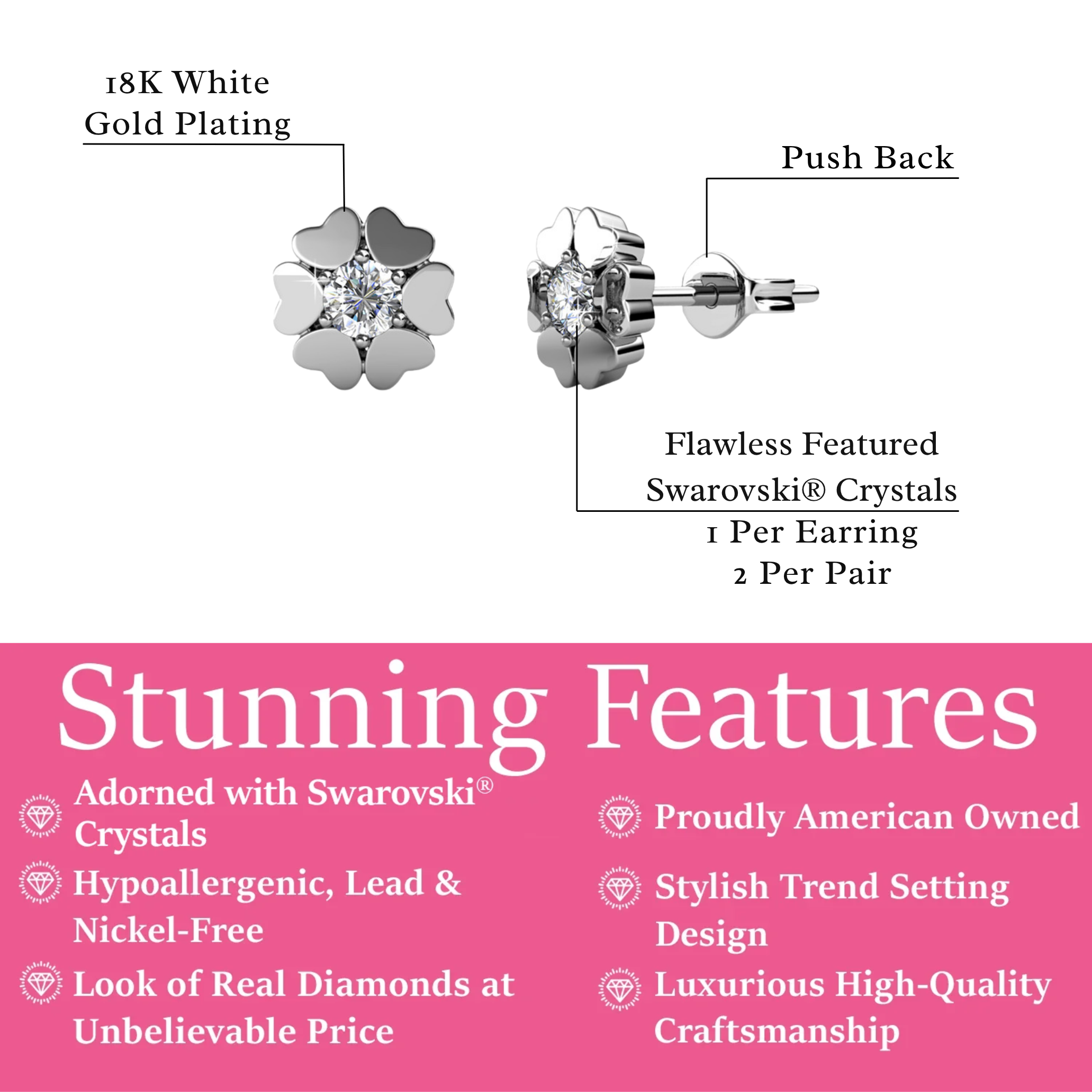 Khloe 18k White Gold Heart Stud Earrings with Round Cut Swarovski Crystals