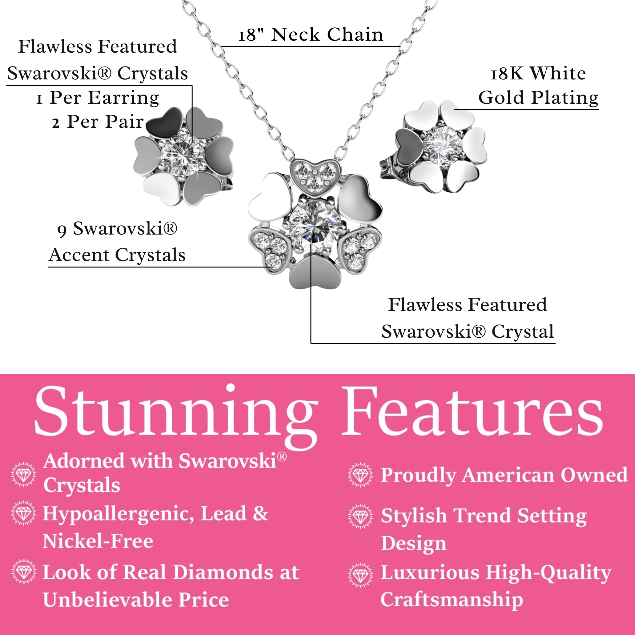 Khloe 18k White Gold Heart Necklace and Stud Earrings Jewelry Set with Crystals