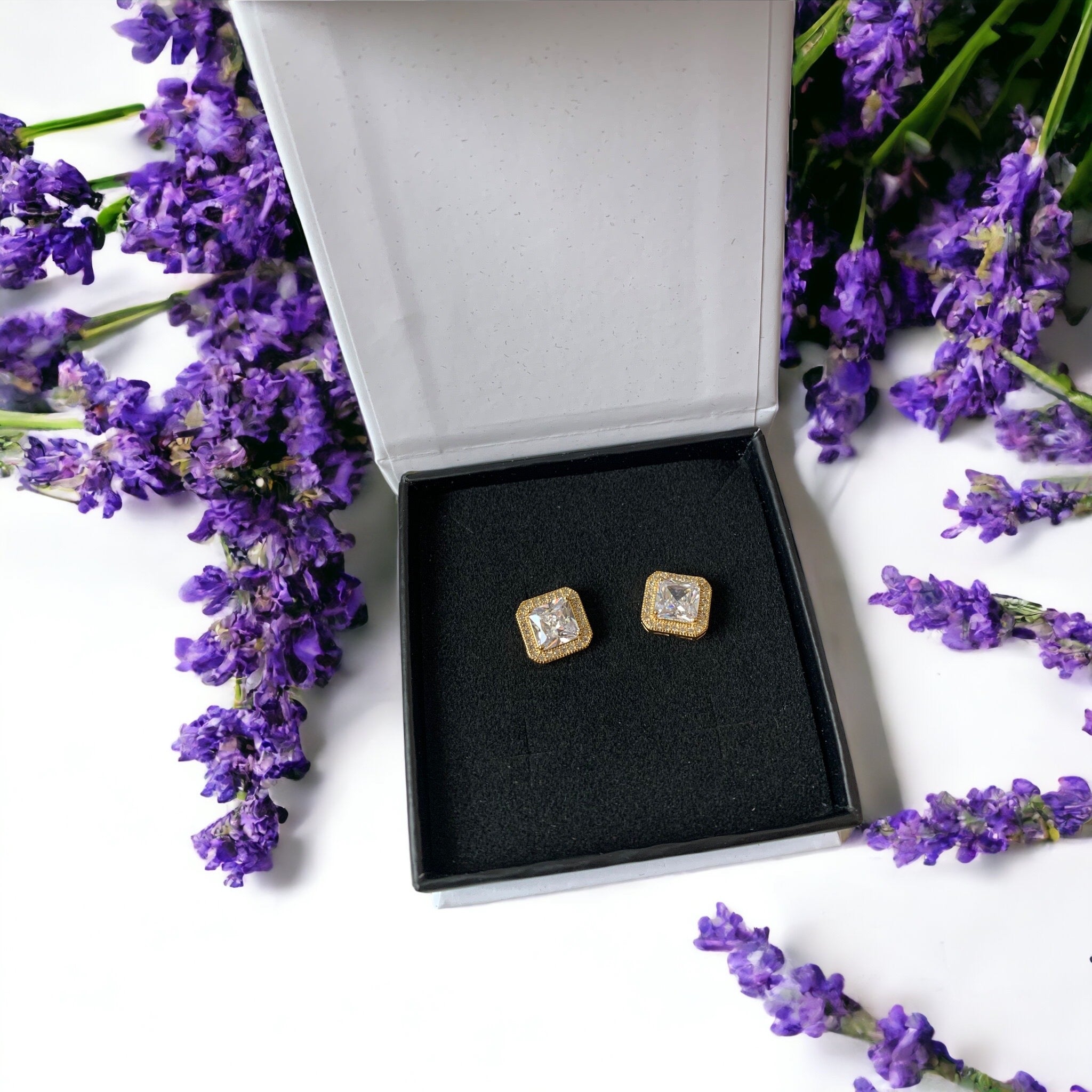 Norah 18k White Gold Plated Princess Cut Halo Stud Earrings with Simulated Diamond Crystals