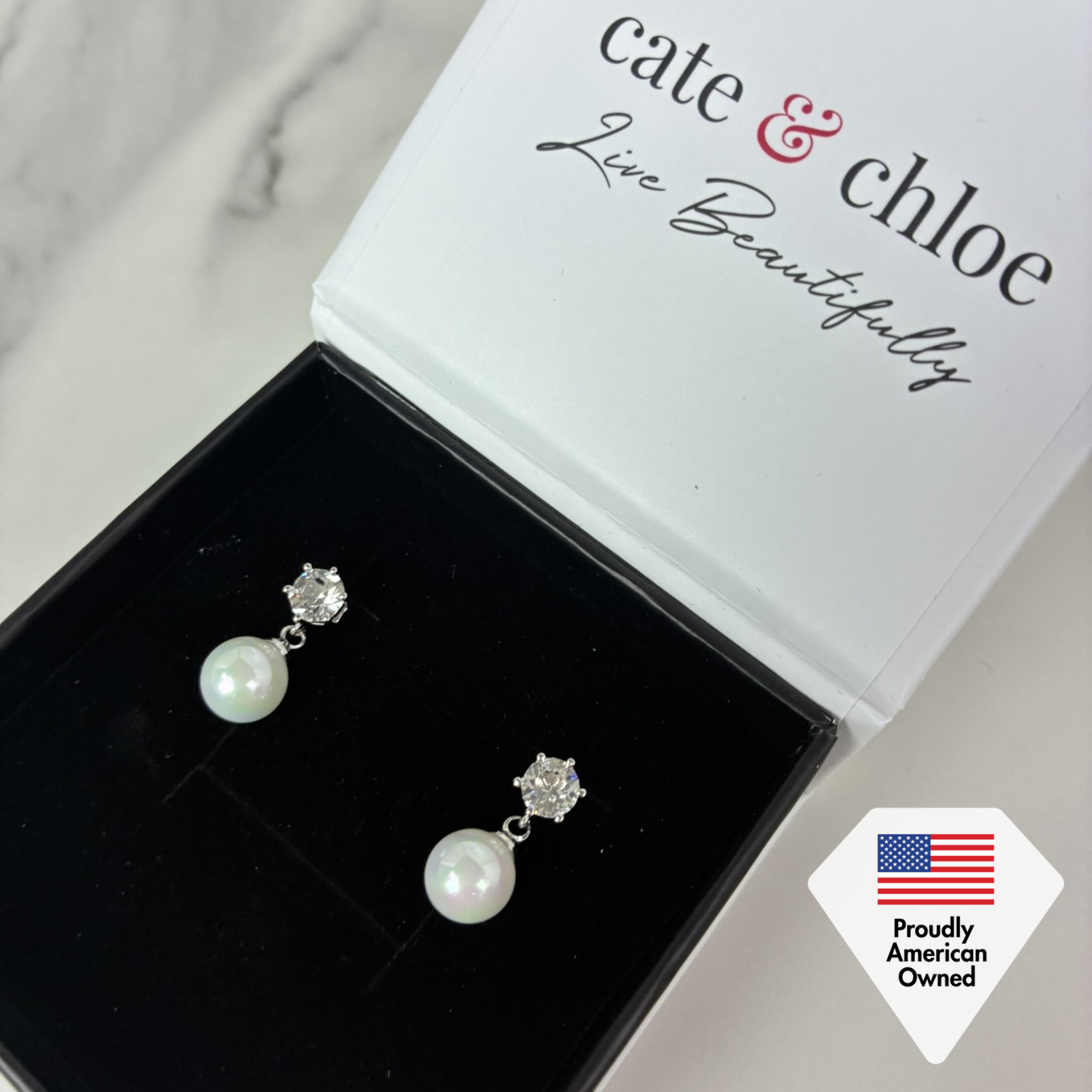 Kyra 18k White Gold Plated Pearl Drop Earrings with Swarovski Crystals
