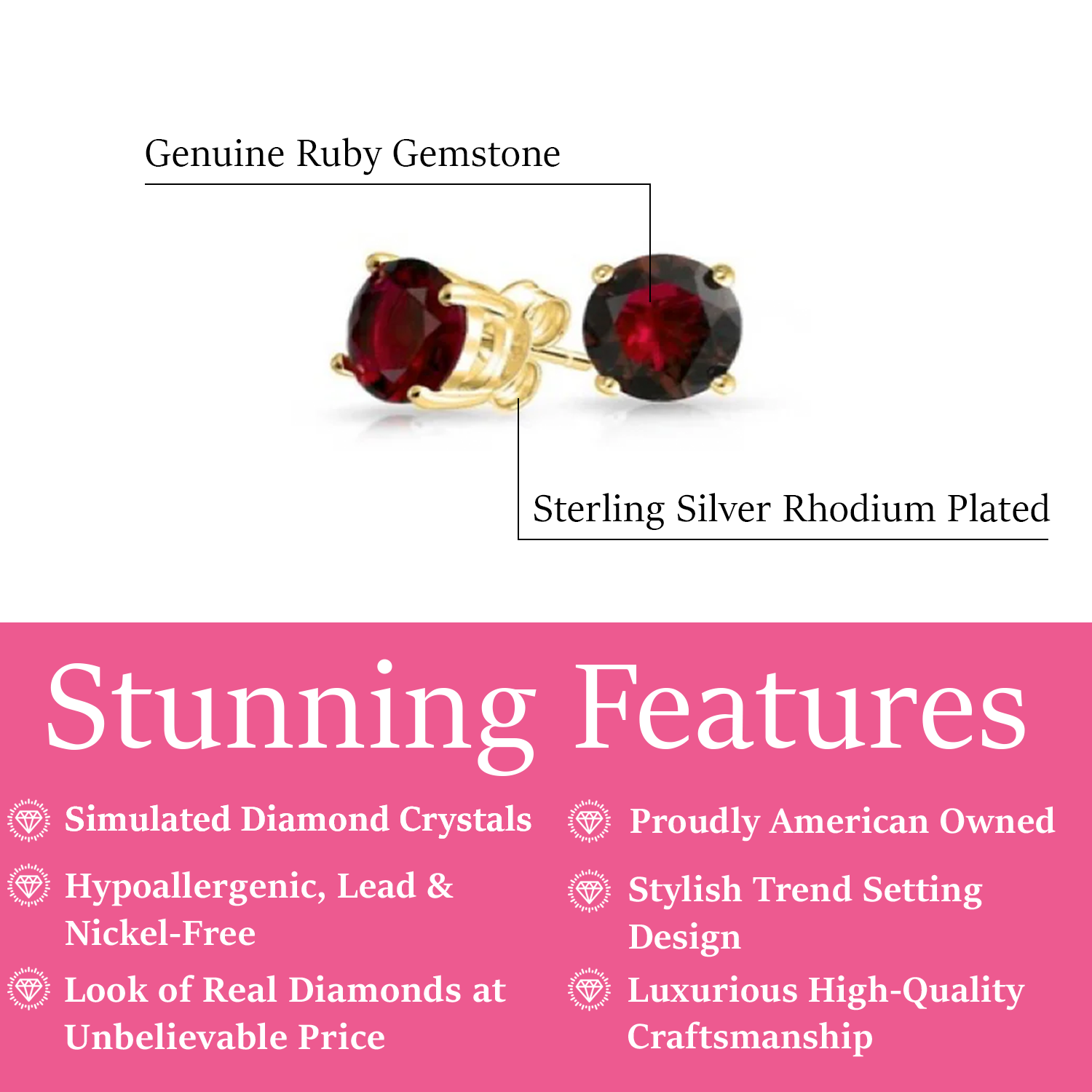 Larissa Sterling Silver Rhodium Plated Stud Earrings with Ruby Gemstones