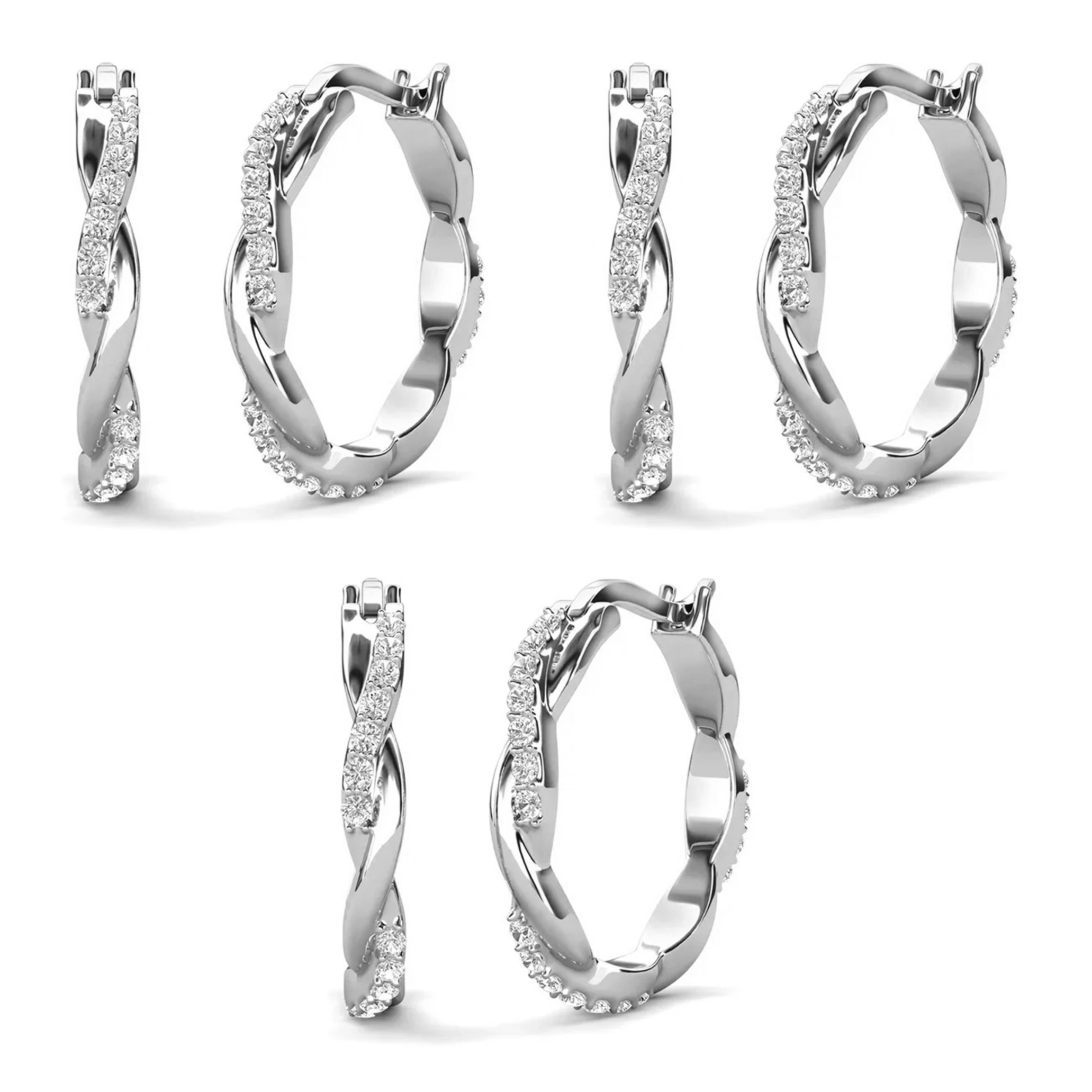 Lauren 18k White Gold Plated 22mm Twisted Hoop Earrings with Swarovski Crystals (3 Pair Set)