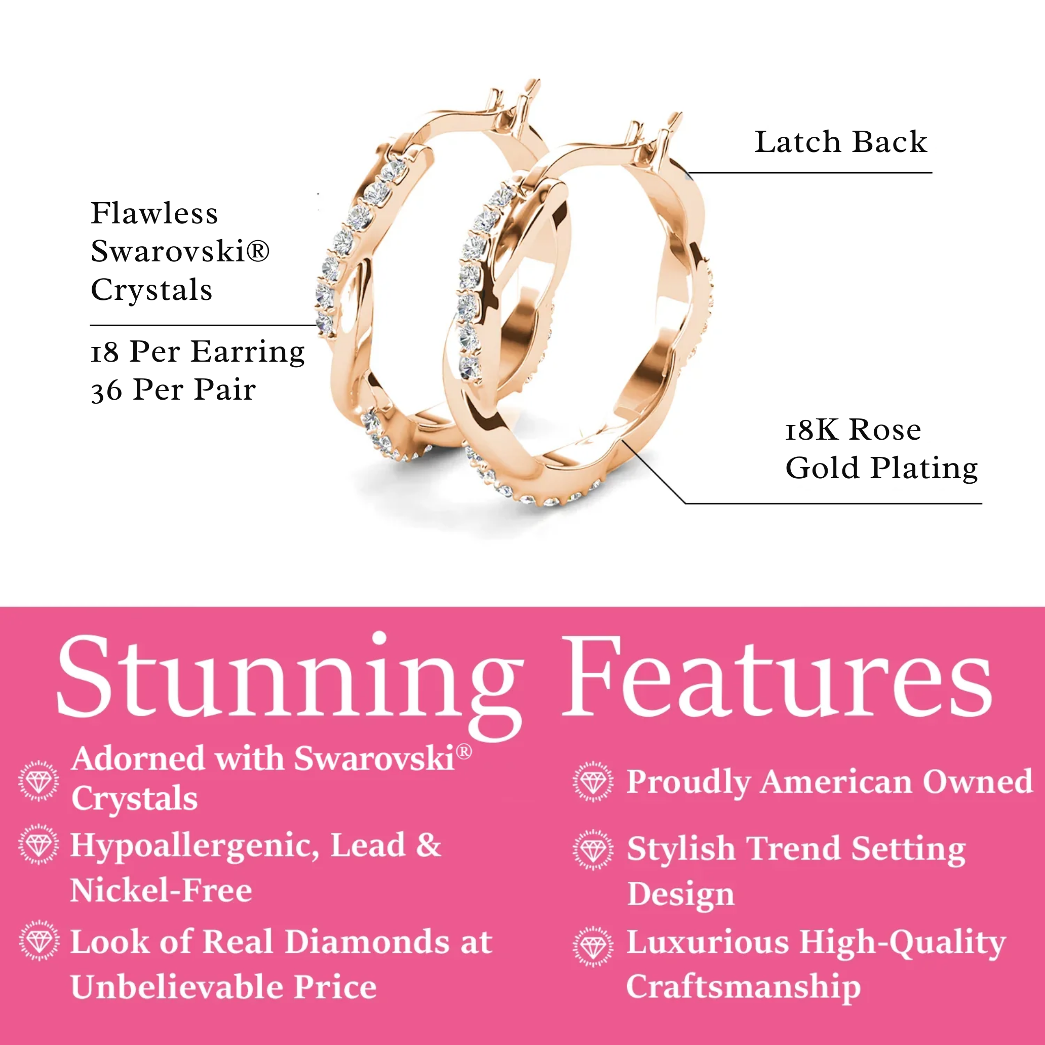 Lauren 18k White Gold Plated 22mm Twisted Hoop Earrings with Swarovski Crystals (3 Pair Set)