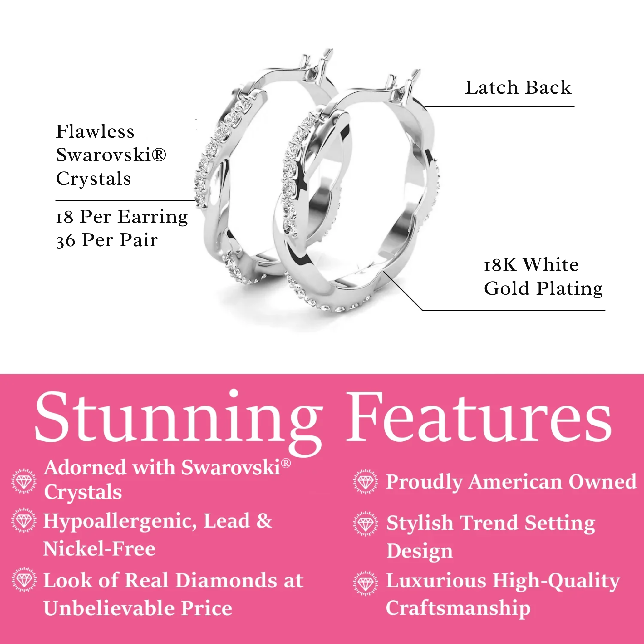 Lauren 18k White Gold Plated 22mm Twisted Hoop Earrings with Swarovski Crystals (3 Pair Set)