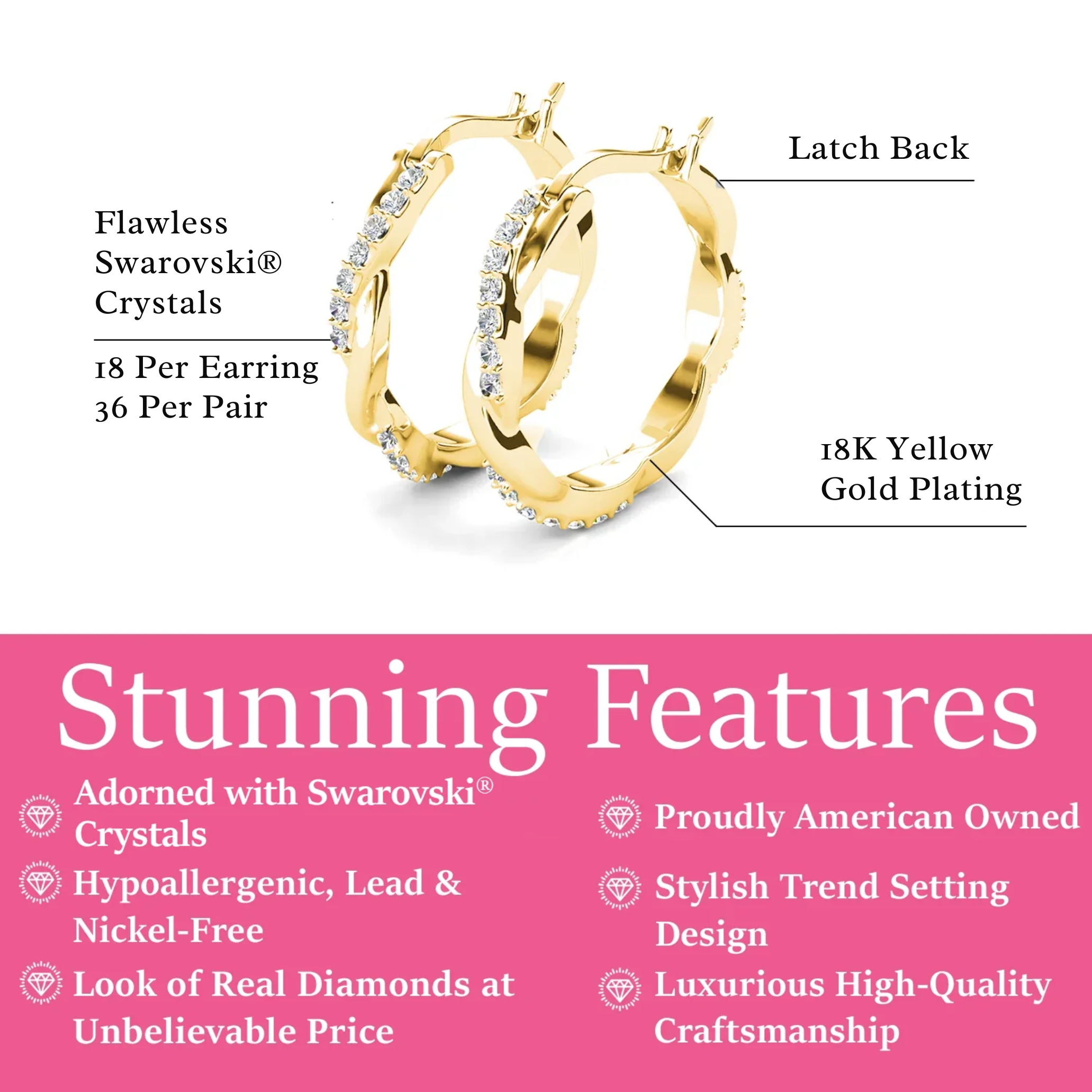 Lauren 18k White Gold Plated 22mm Twisted Hoop Earrings with Swarovski Crystals (3 Pair Set)