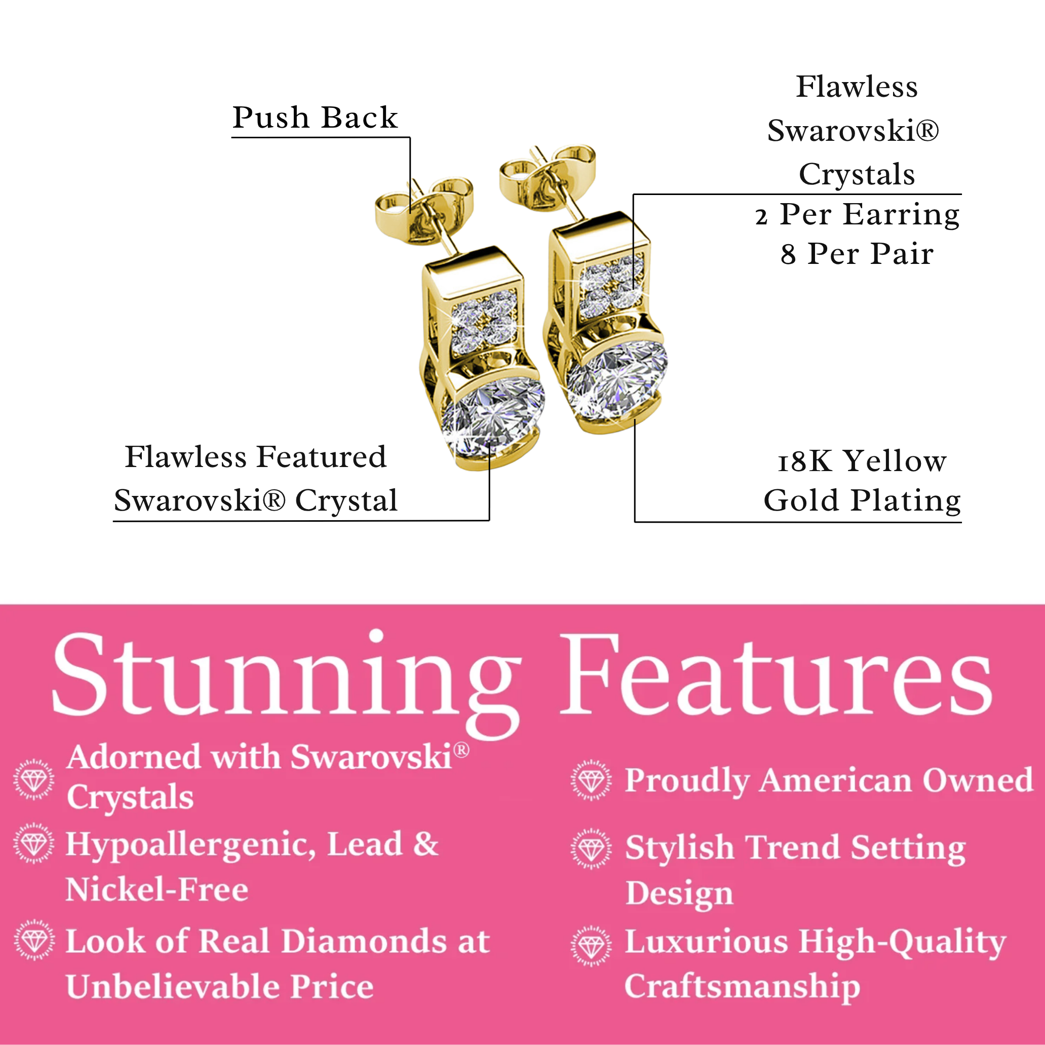 Laya 18k 白金镀金水晶耳钉