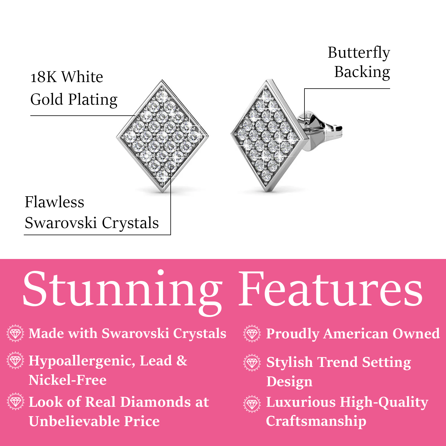 Lennon 18k White Gold Plated Diamond Shaped Stud Earrings with Swarovski Crystals