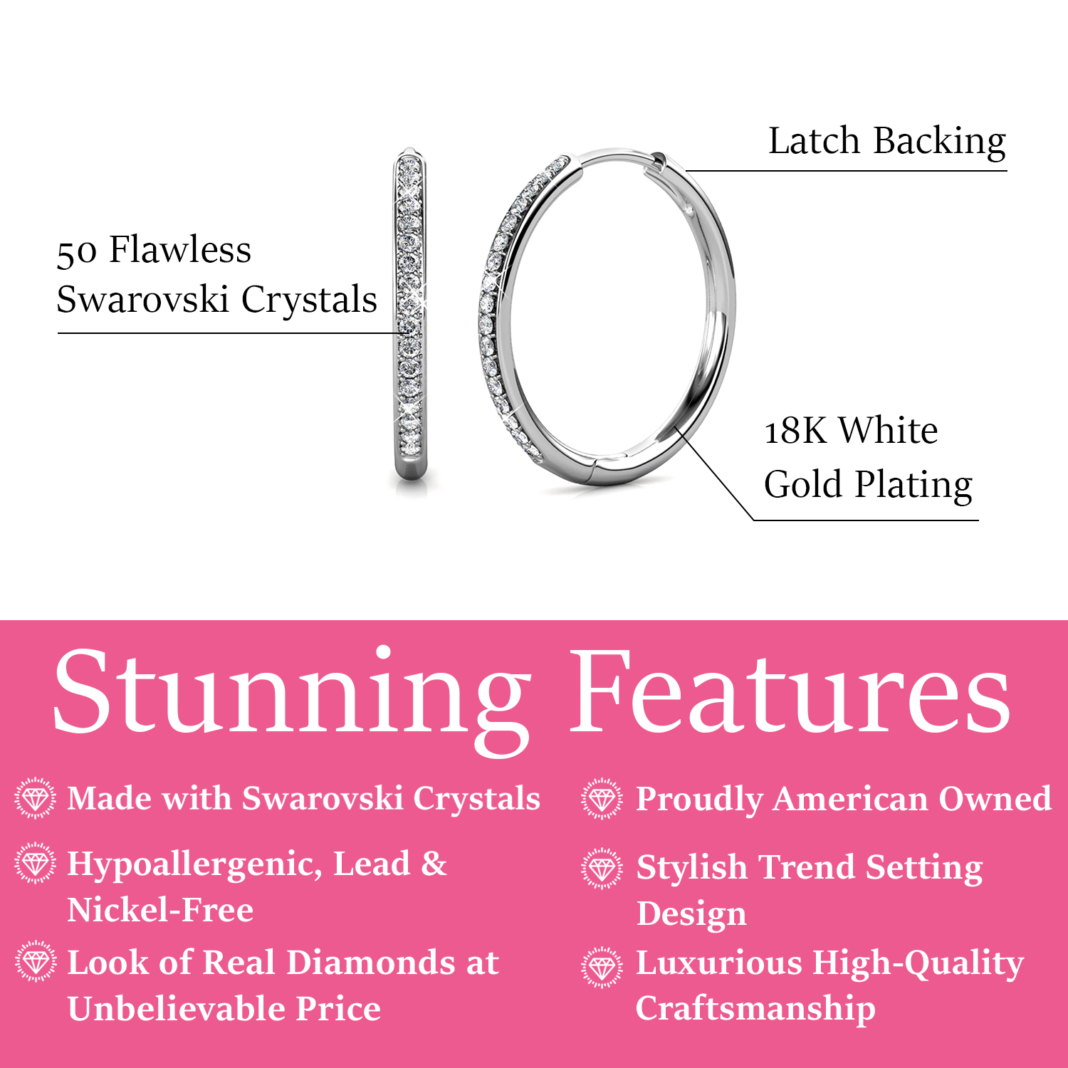 Leslie 18k White Gold Plated 10mm-40mm Hoop Earrings with Swarovski Crystals