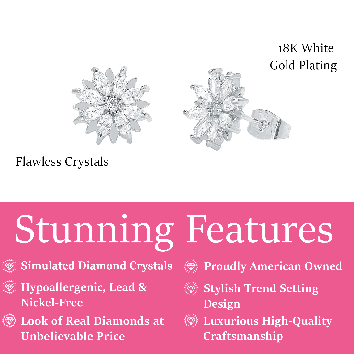 Lily 18k White Gold Plated Flower Stud Earrings with Simulated Diamond Crystals