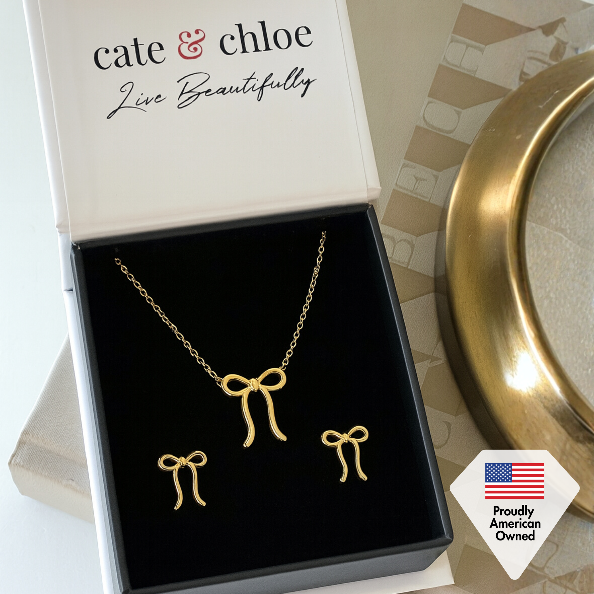 Lola 18k White Gold Plated Ribbon Drop Earrings and Necklace Jewelry Set