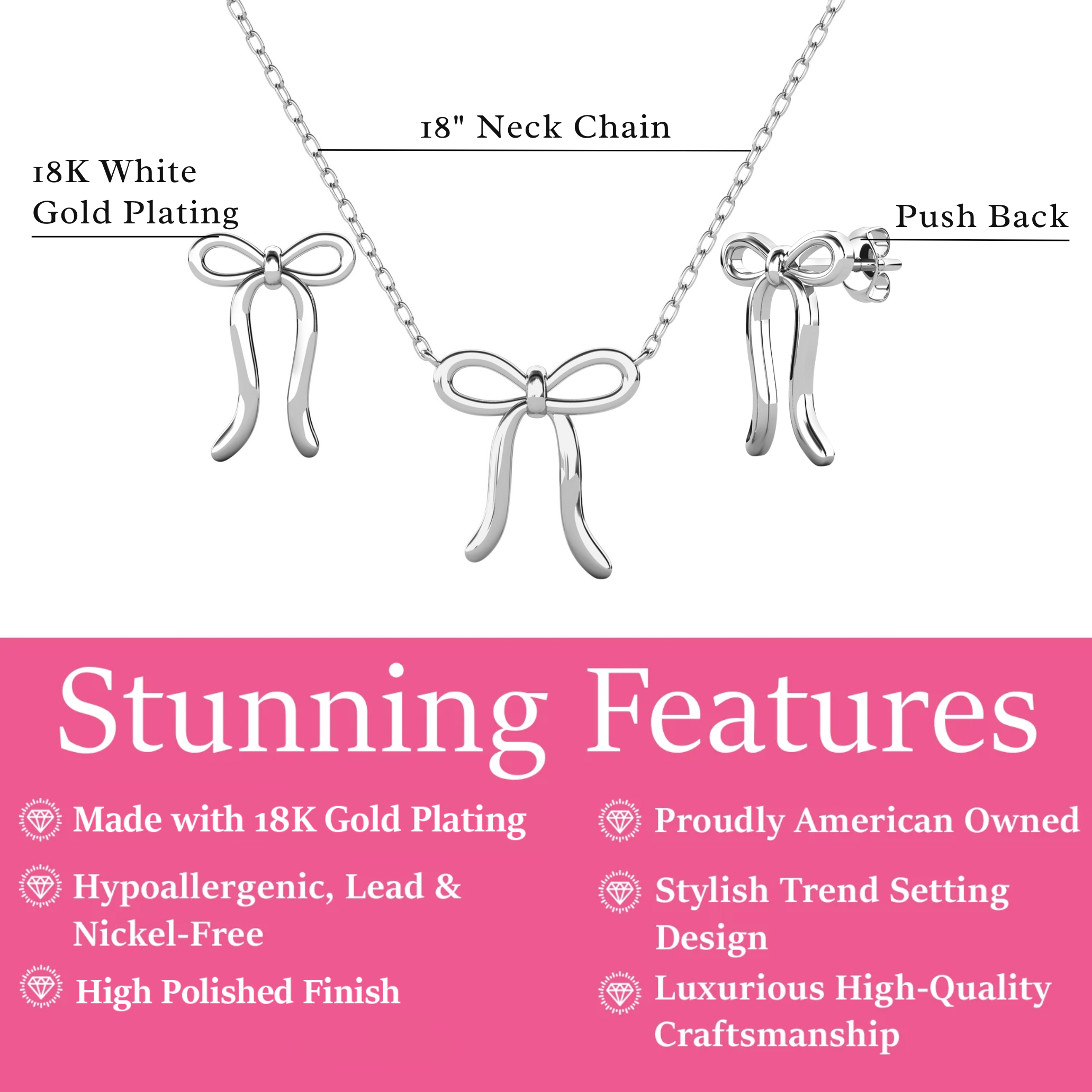 Lola 18k White Gold Plated Ribbon Drop Earrings and Necklace Jewelry Set