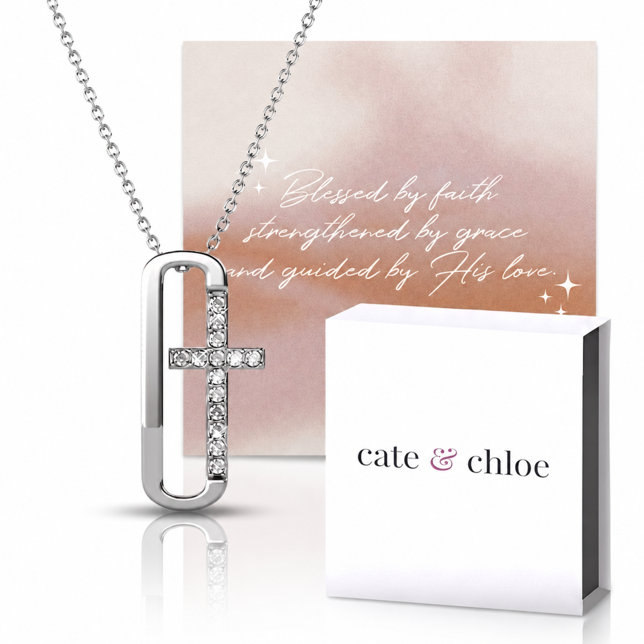 Lona 18k White Gold Plated Cross Necklace & Blessed by Faith Tan Sand Card