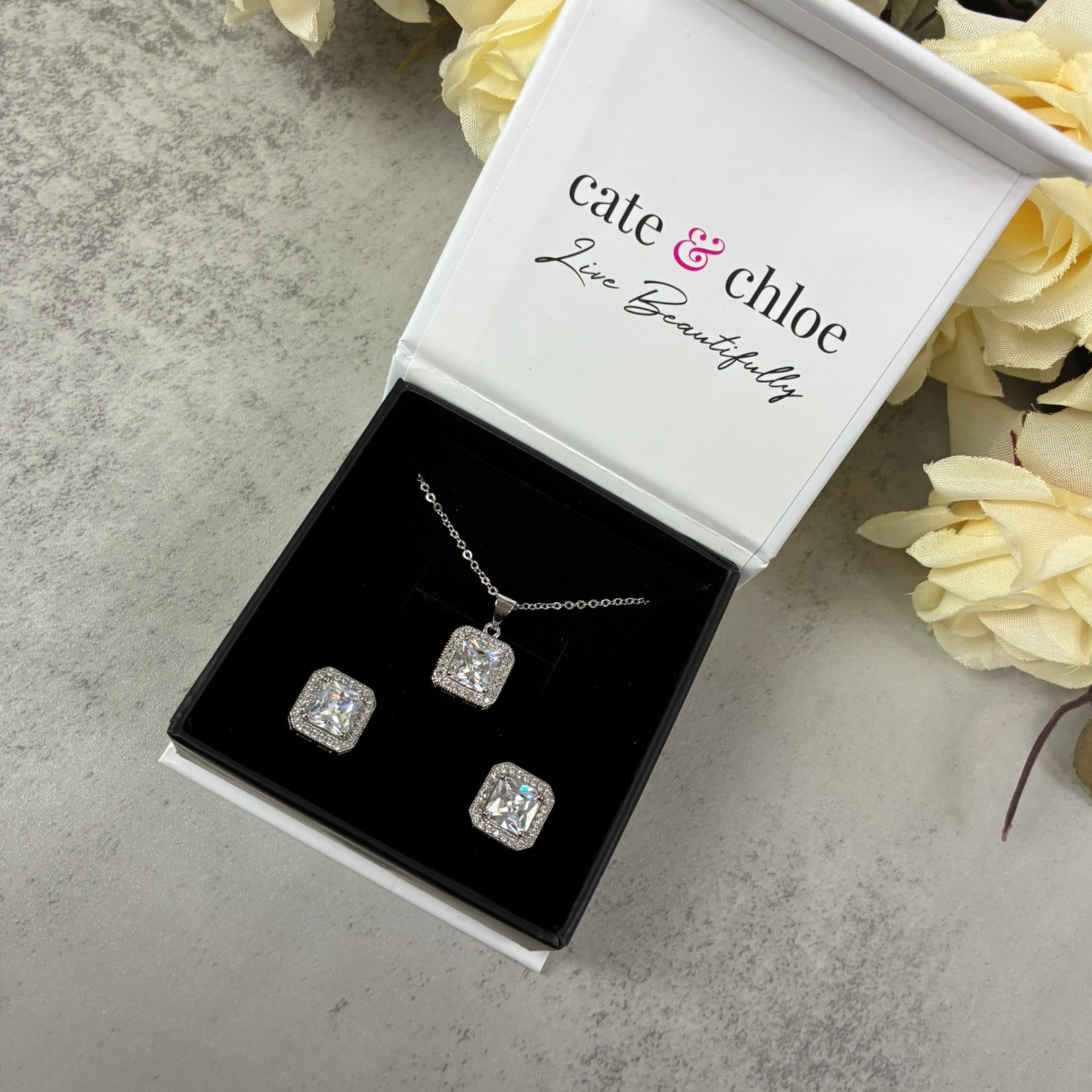 Londyn 18K White Gold Princess Cut Halo Necklace and Earrings Jewelry Set with Simulated Diamond Crystals