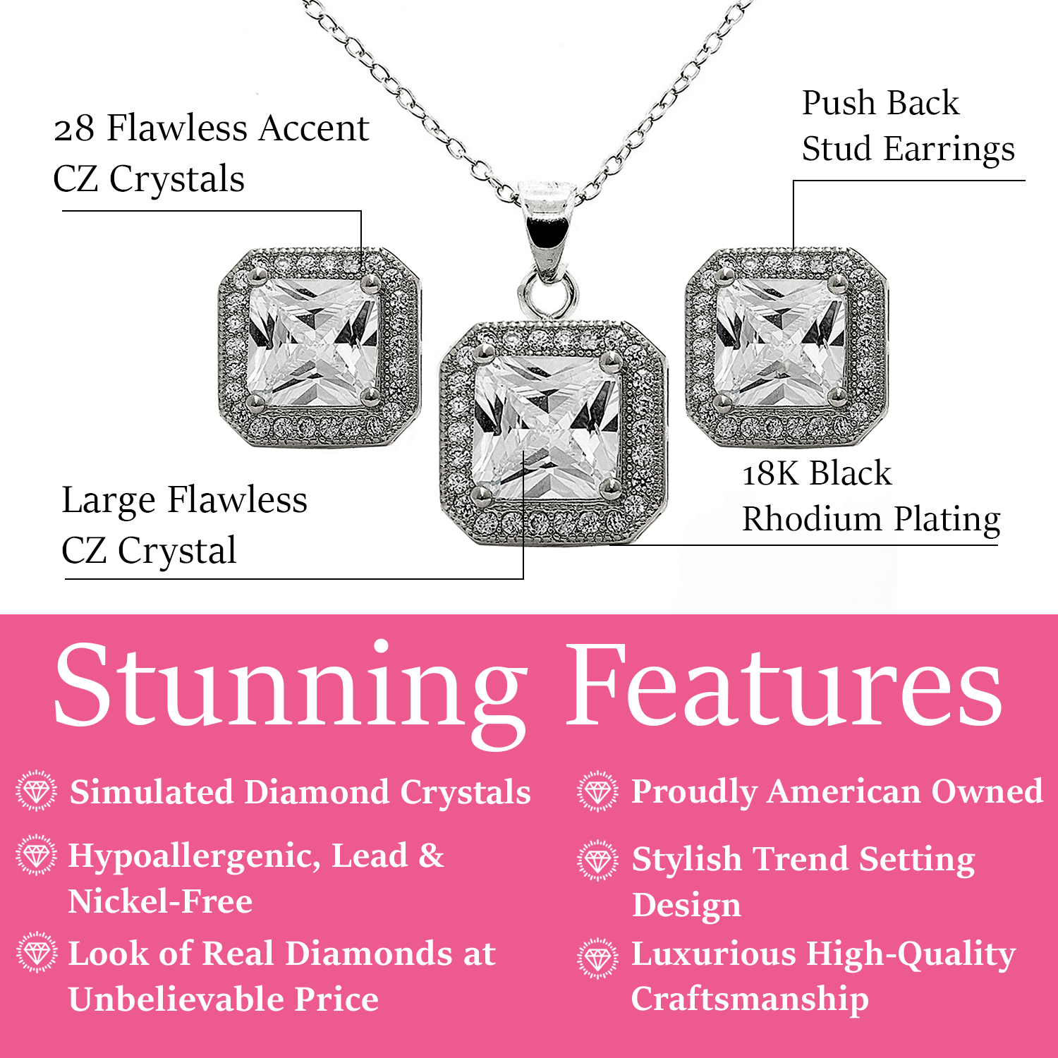 Londyn 18K White Gold Princess Cut Halo Necklace and Earrings Jewelry Set with Simulated Diamond Crystals