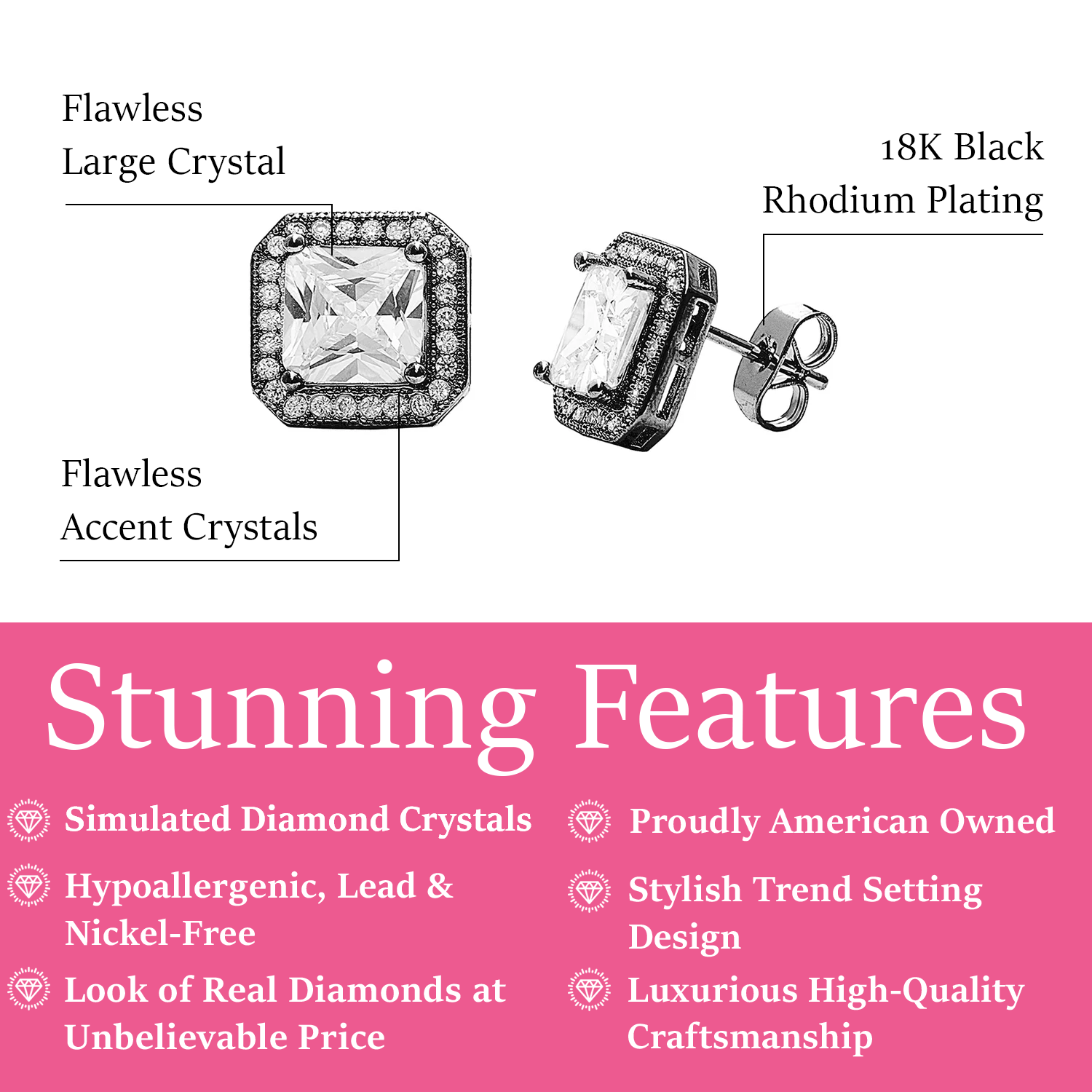 Londyn 18k White Gold Plated Princess Cut Halo Stud Earrings with Simulated Diamond Crystals