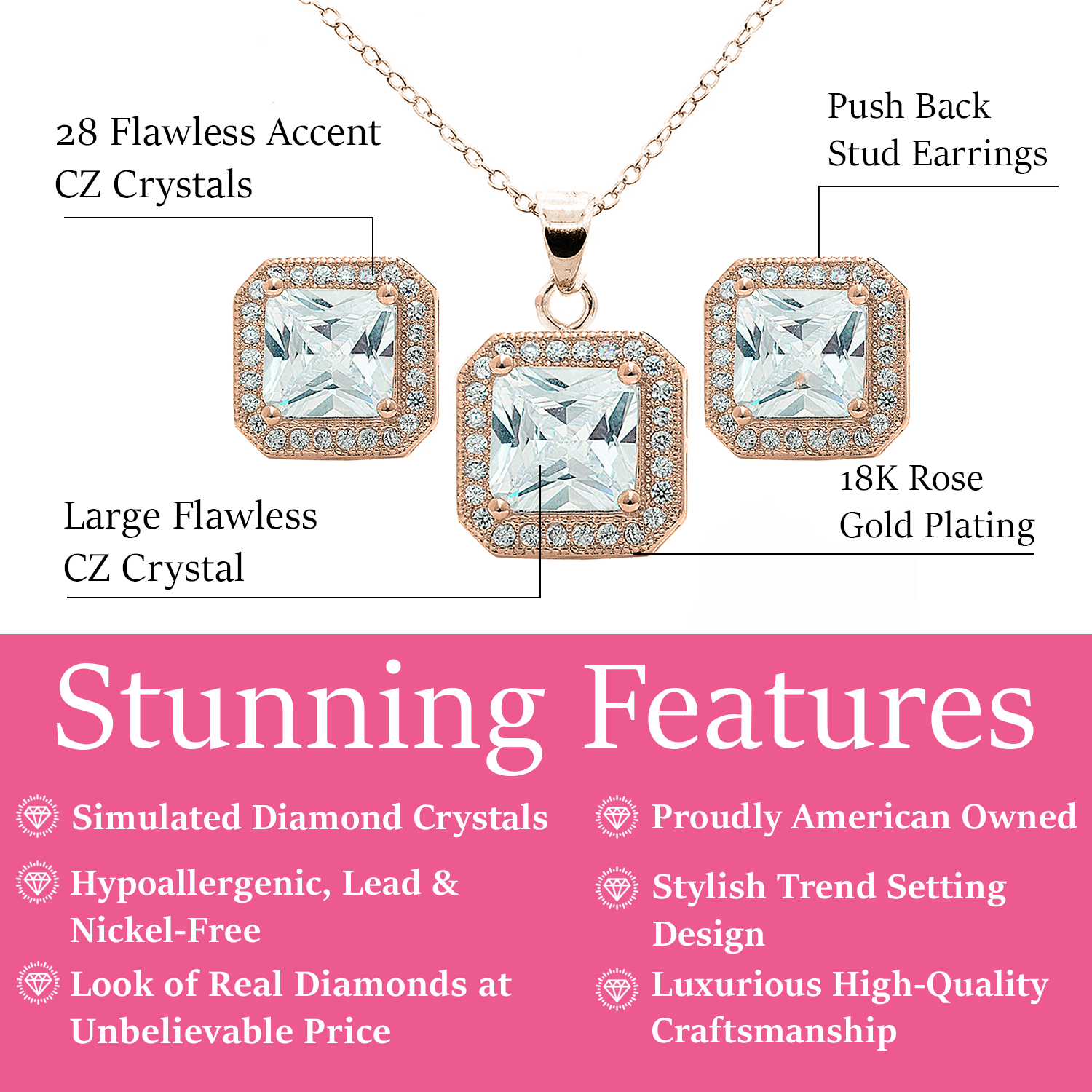 Londyn 18K White Gold Princess Cut Halo Necklace and Earrings Jewelry Set with Simulated Diamond Crystals