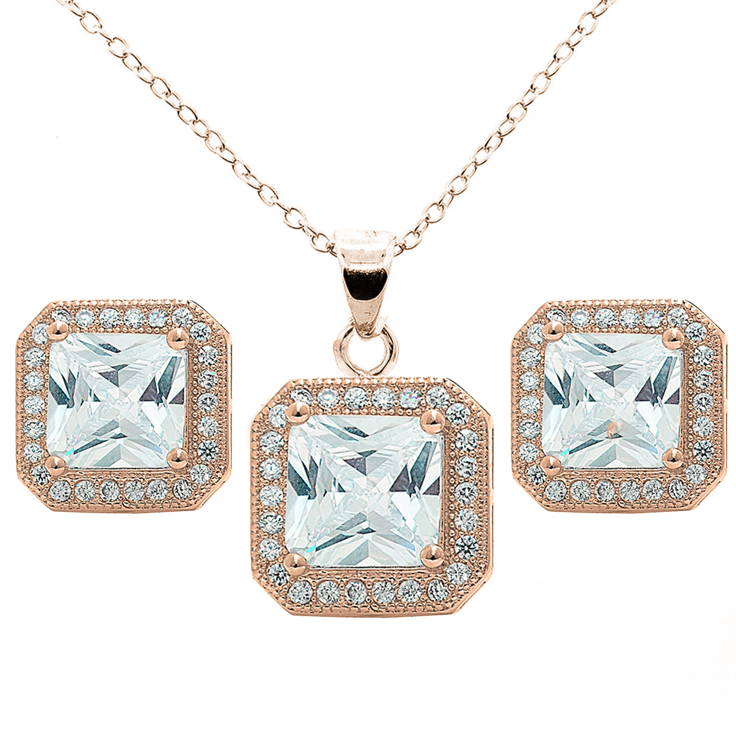 Londyn 18K White Gold Princess Cut Halo Necklace and Earrings Jewelry Set with Simulated Diamond Crystals