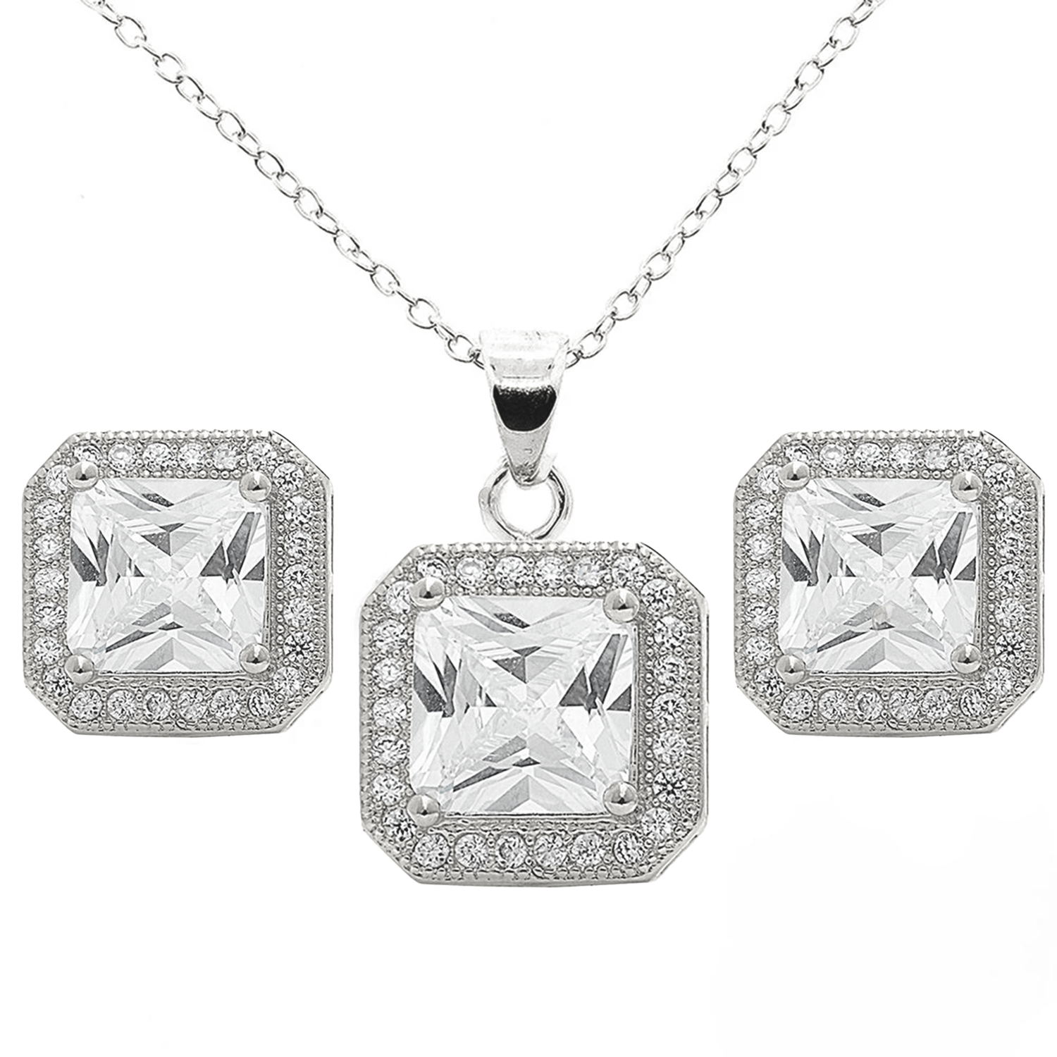 Londyn 18K White Gold Princess Cut Halo Necklace and Earrings Jewelry Set with Simulated Diamond Crystals