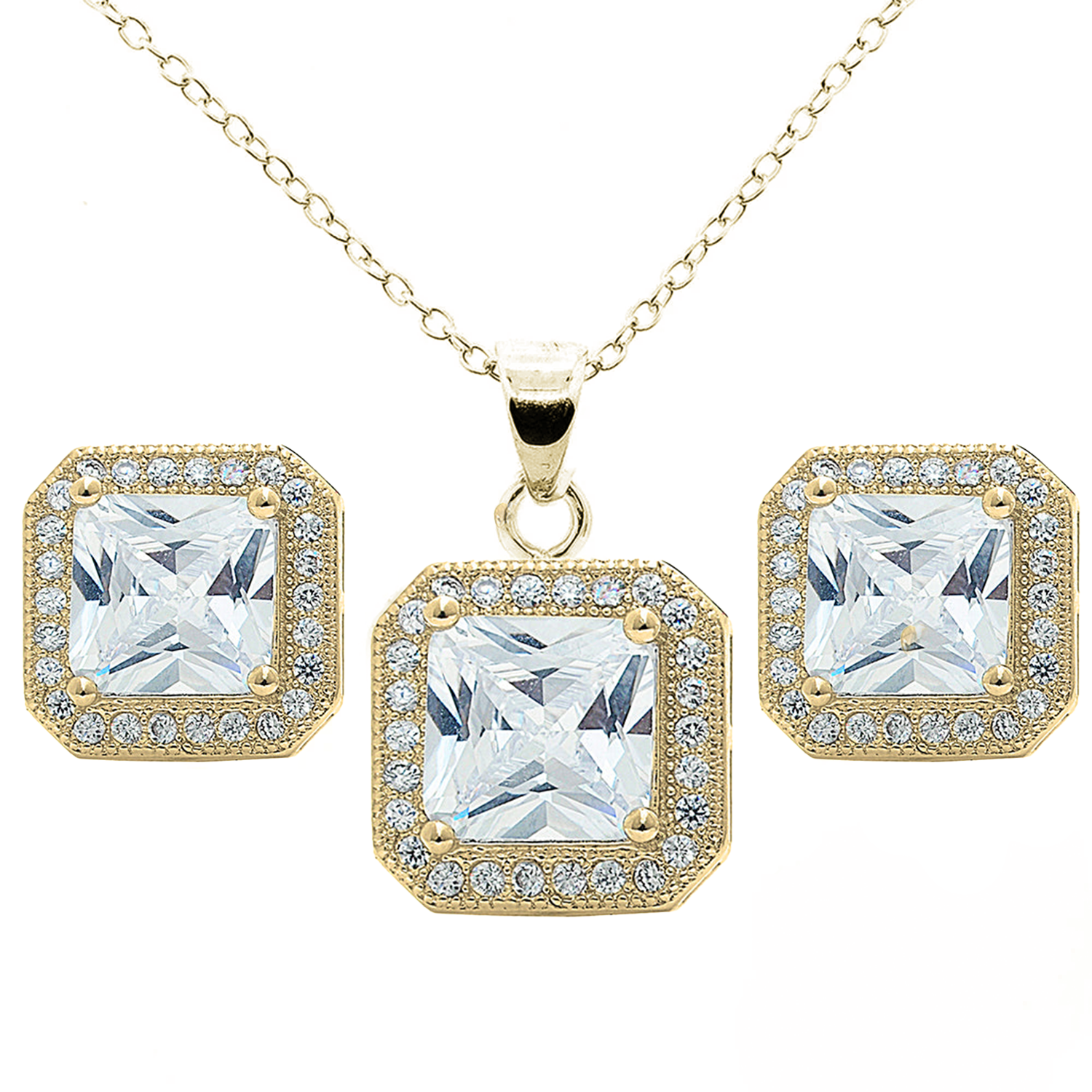 Londyn 18K White Gold Princess Cut Halo Necklace and Earrings Jewelry Set with Simulated Diamond Crystals