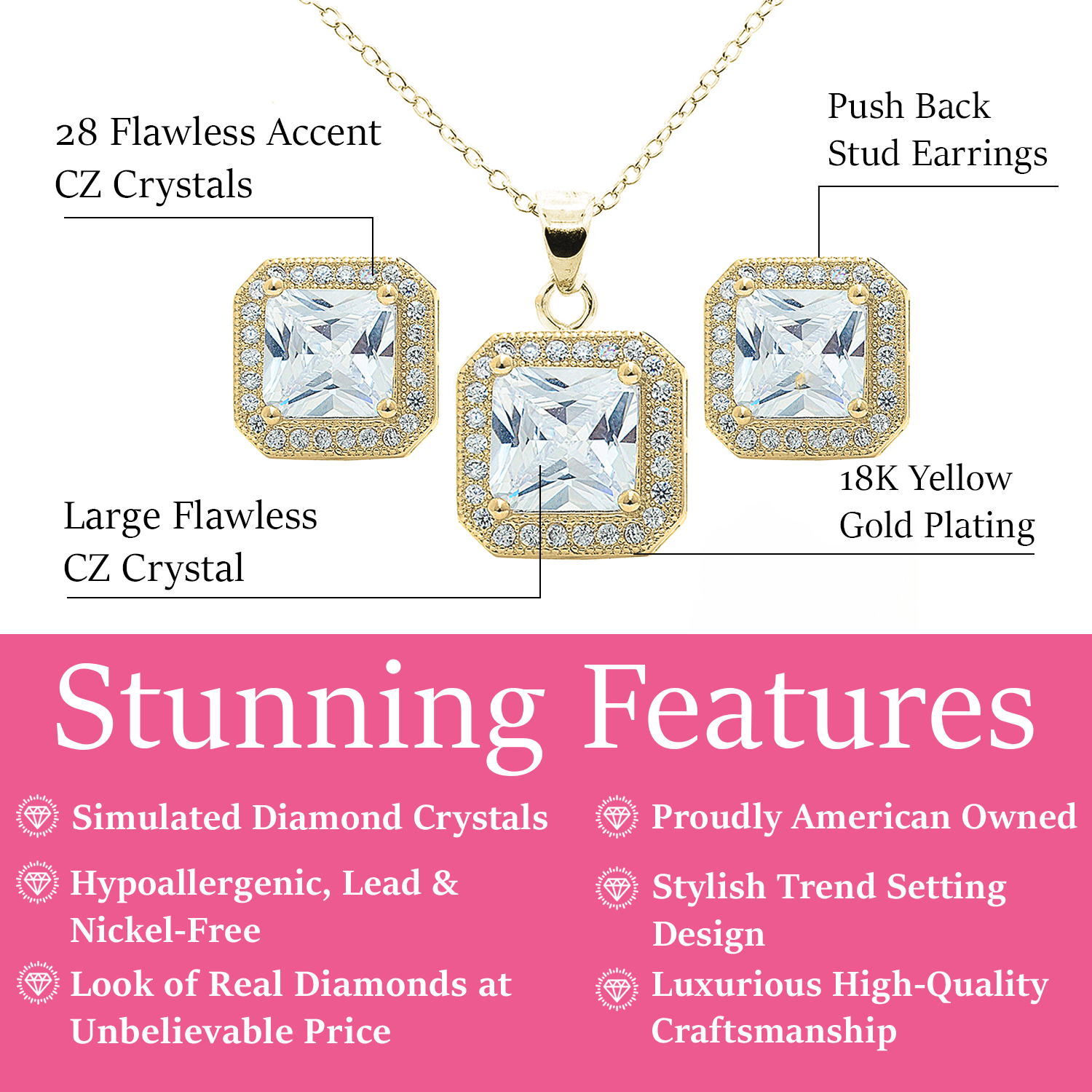 Londyn 18K White Gold Princess Cut Halo Necklace and Earrings Jewelry Set with Simulated Diamond Crystals