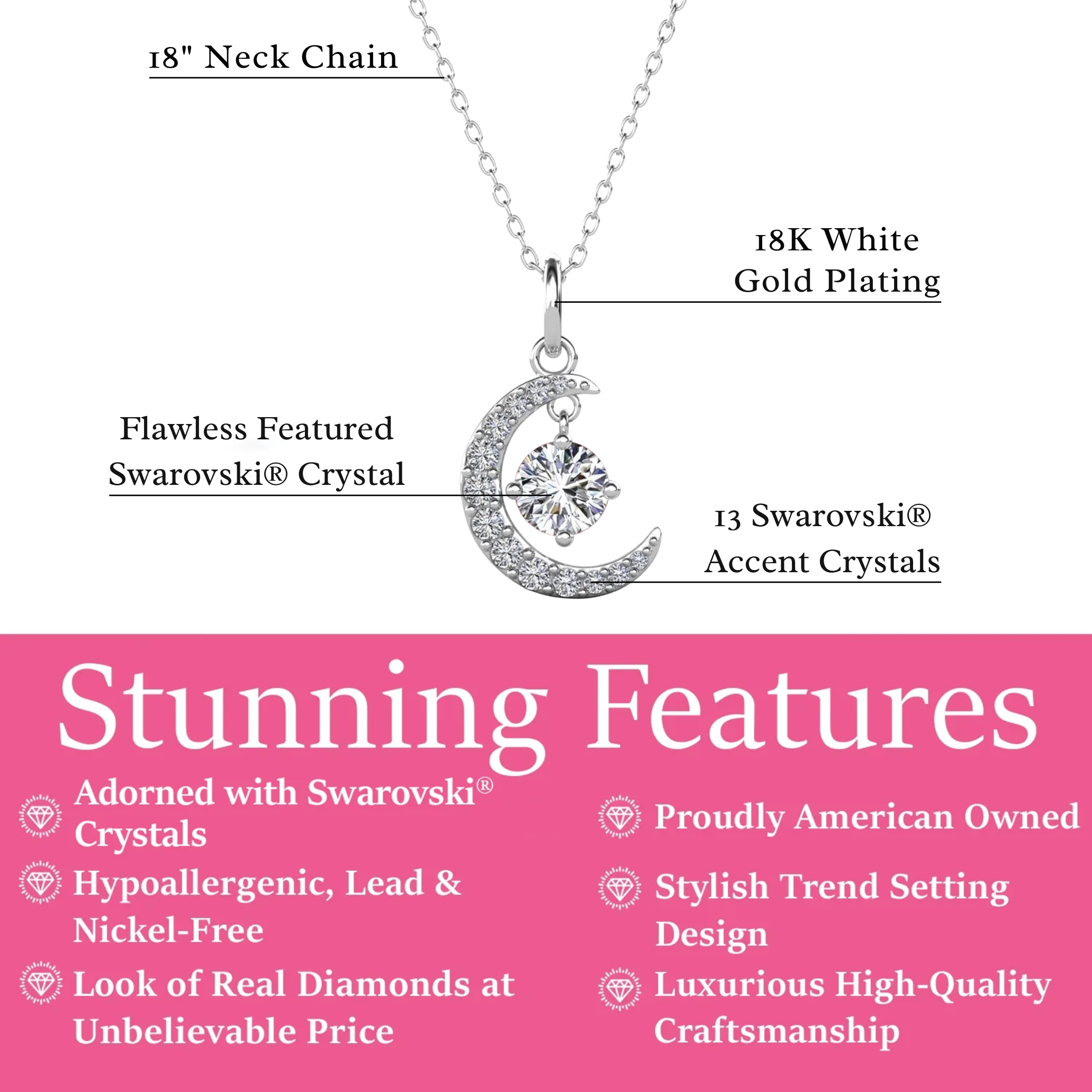 Luna Birthstone Necklace 18k White Gold Plated Crescent Pendant Necklace with Round Cut Swarovski Crystals