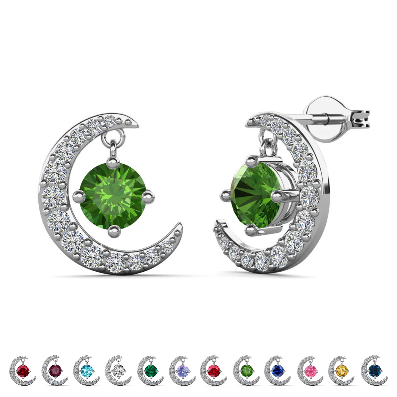 Luna Birthstone 18k White Gold Plated Crescent Stud Earrings with Round Cut Swarovski Crystals
