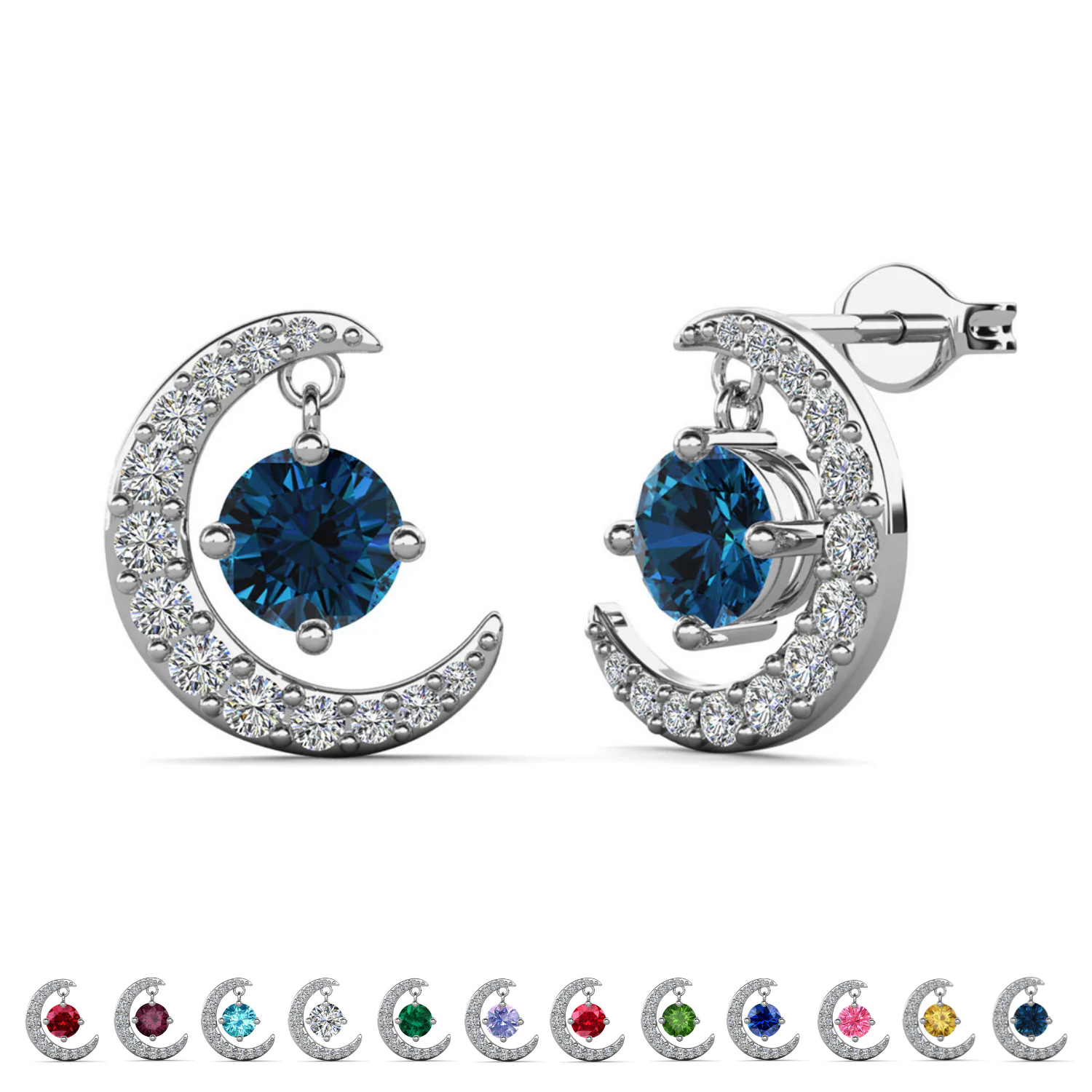 Luna Birthstone 18k White Gold Plated Crescent Stud Earrings with Round Cut Swarovski Crystals