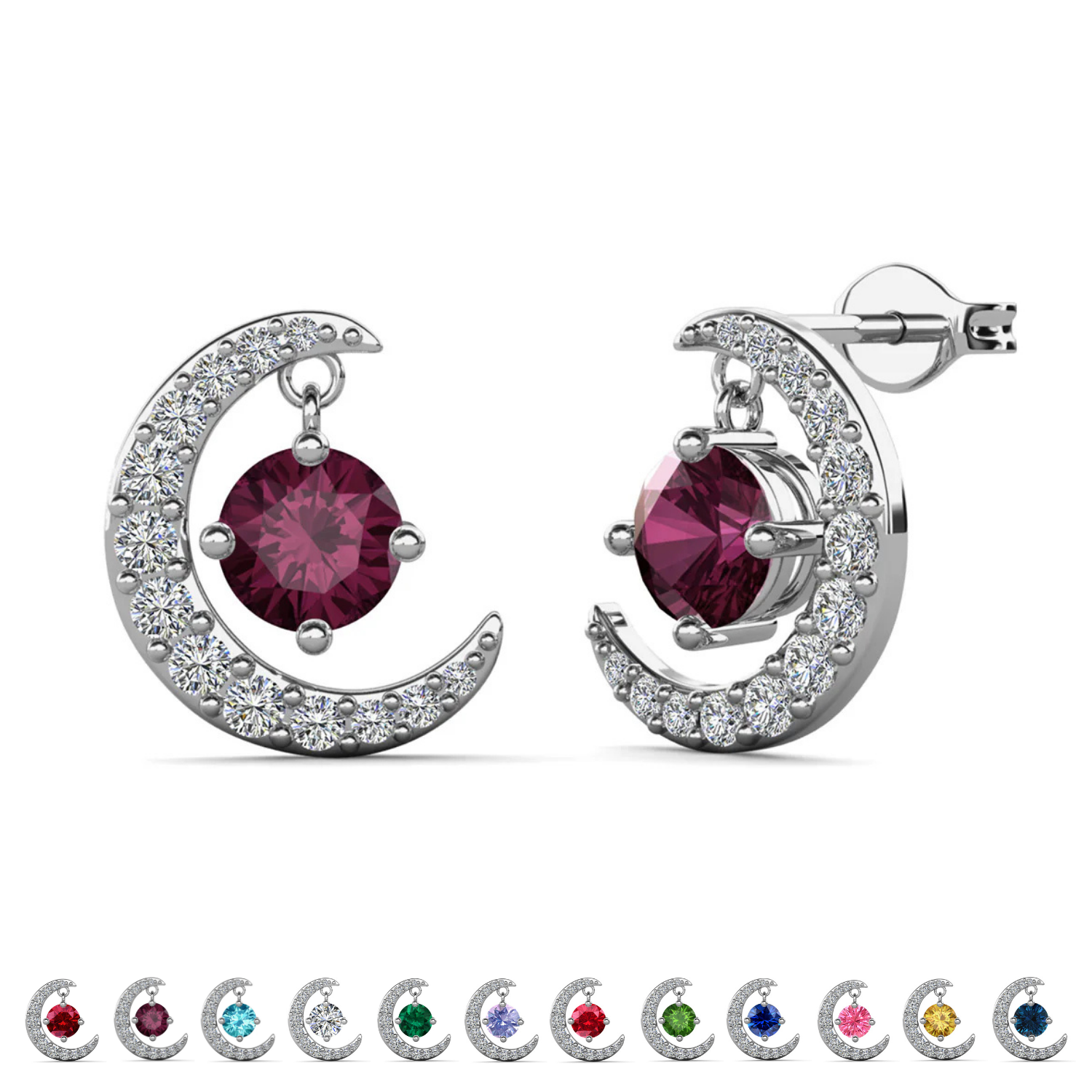 Luna Birthstone 18k White Gold Plated Crescent Stud Earrings with Round Cut Swarovski Crystals