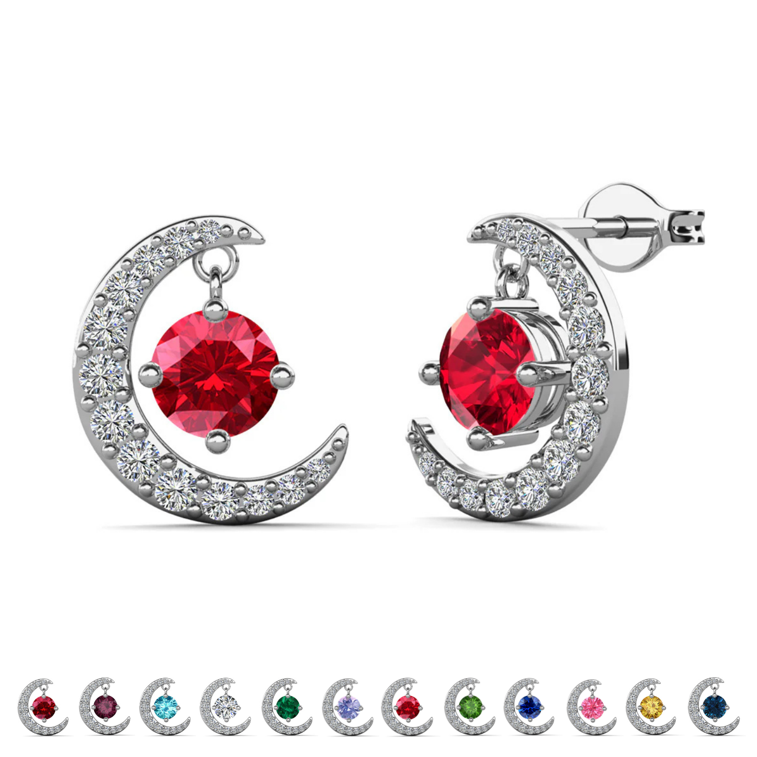 Luna Birthstone 18k White Gold Plated Crescent Stud Earrings with Round Cut Swarovski Crystals