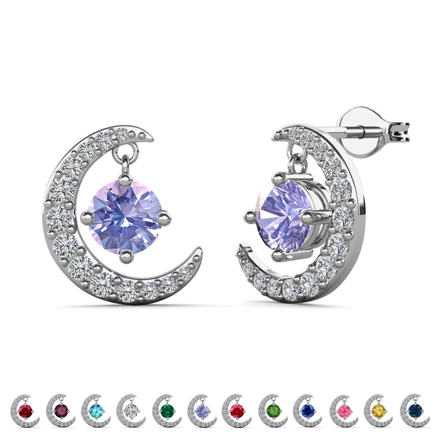Luna Birthstone 18k White Gold Plated Crescent Stud Earrings with Round Cut Swarovski Crystals