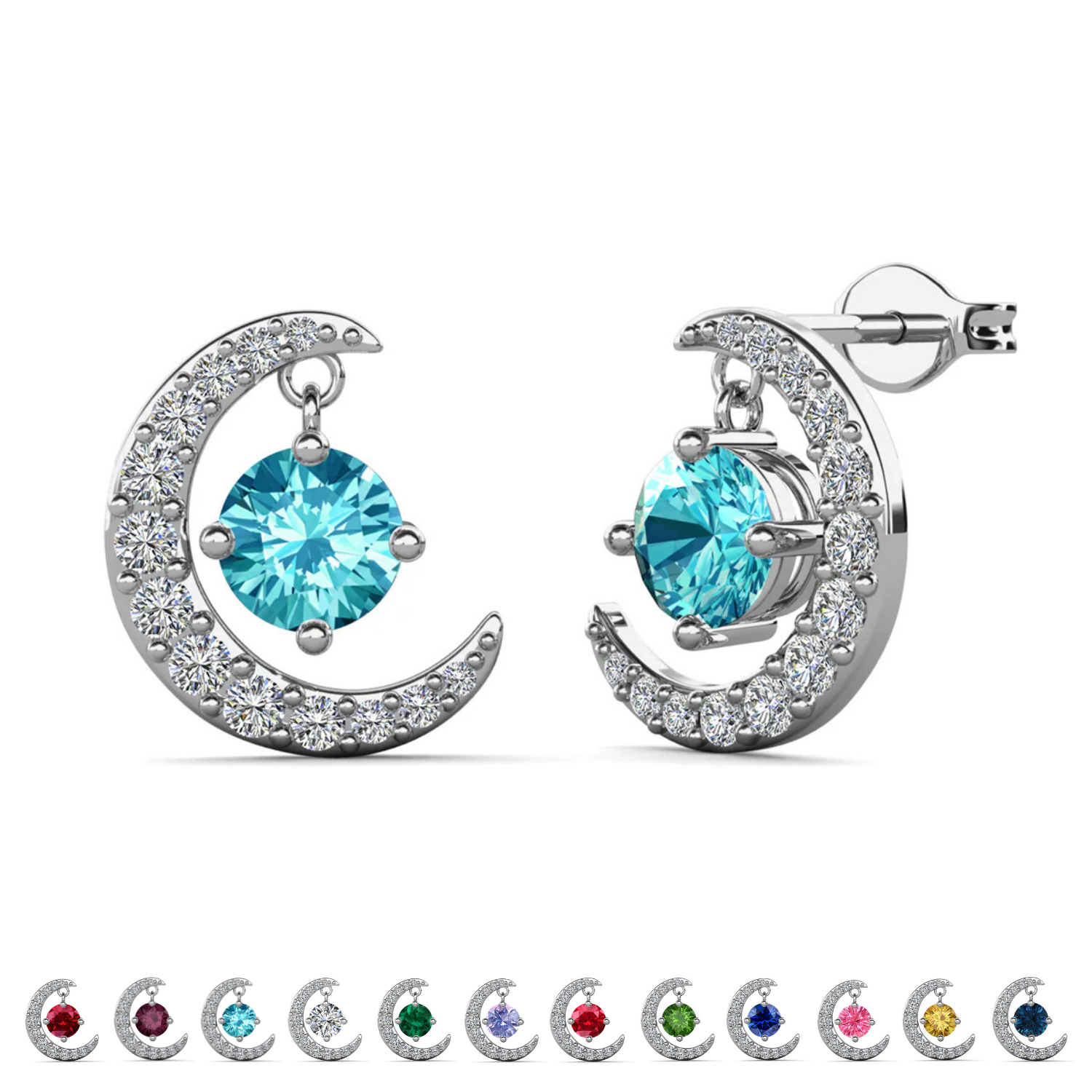 Luna Birthstone 18k White Gold Plated Crescent Stud Earrings with Round Cut Swarovski Crystals