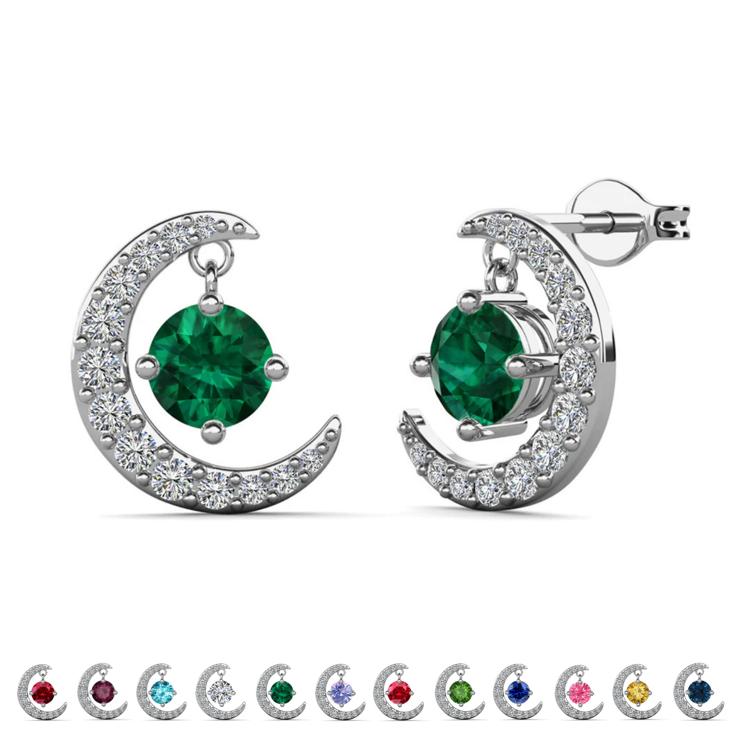 Luna Birthstone 18k White Gold Plated Crescent Stud Earrings with Round Cut Swarovski Crystals