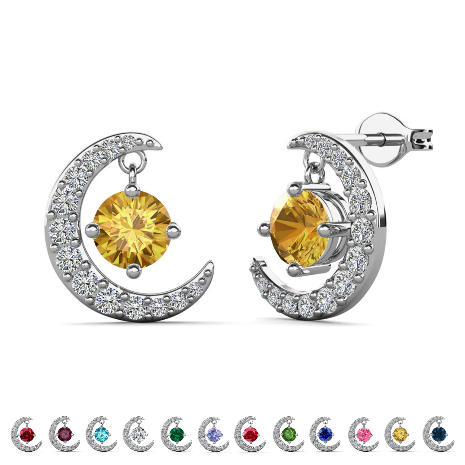 Luna Birthstone 18k White Gold Plated Crescent Stud Earrings with Round Cut Swarovski Crystals
